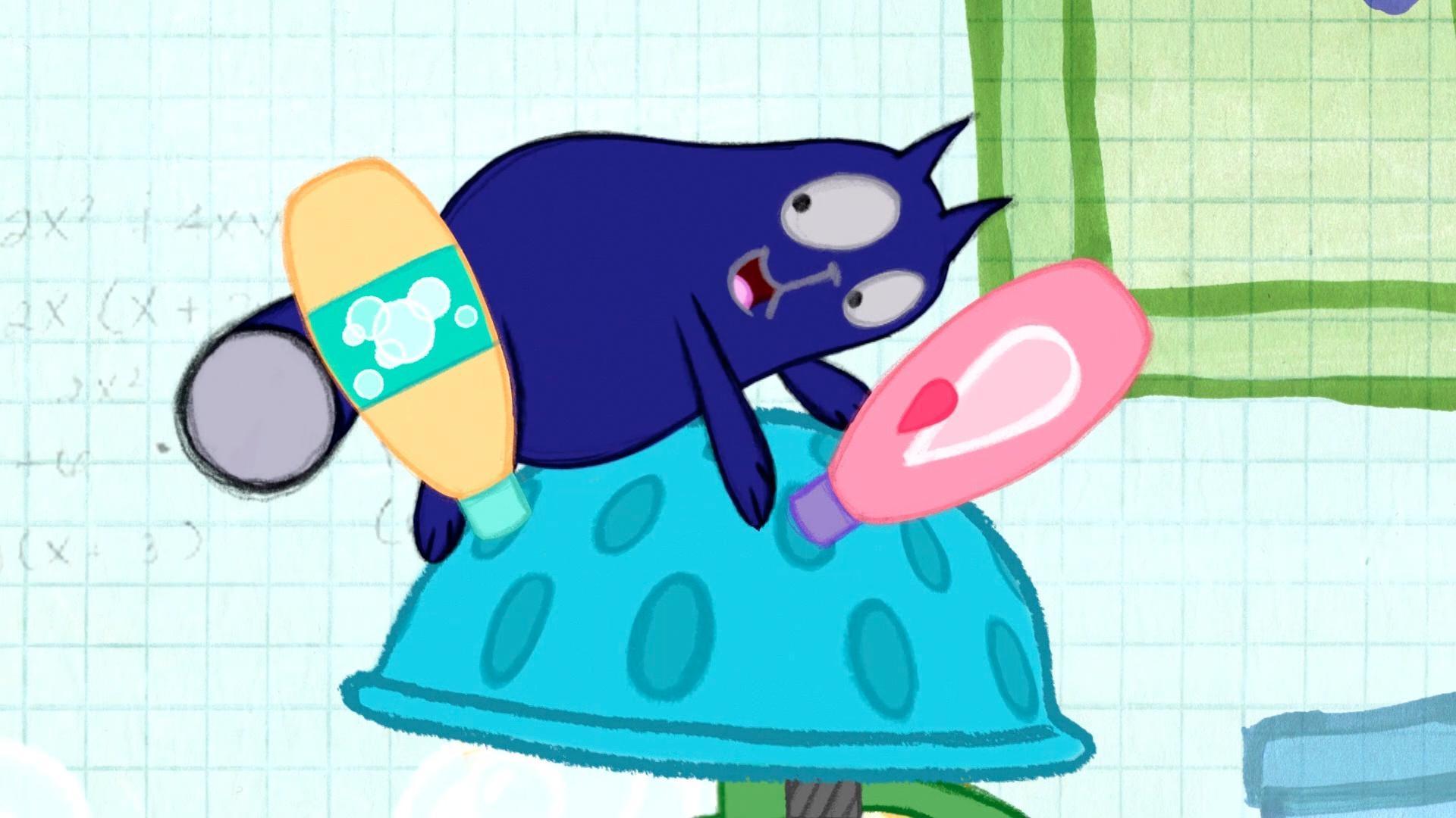 Peg and Cat splash around in the bath. They discuss Cat's attributes.