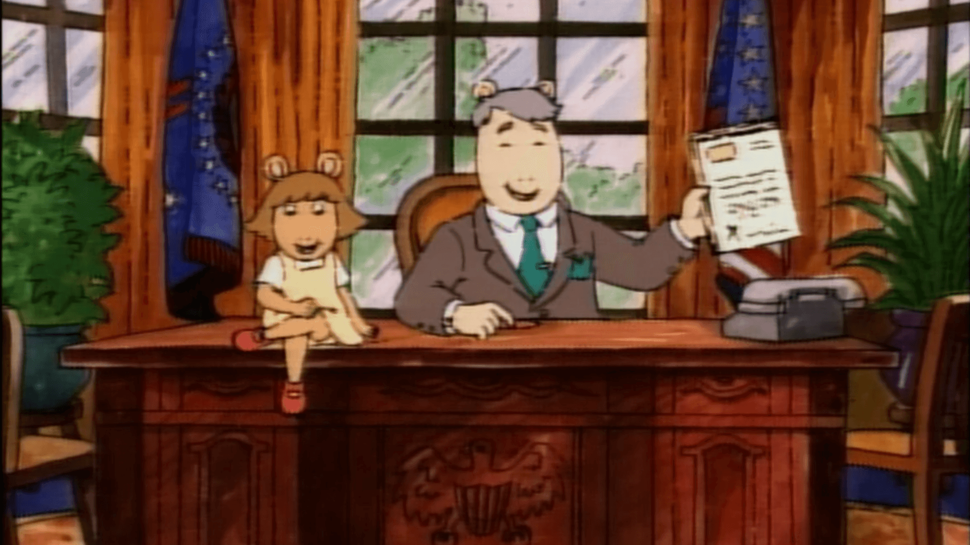 D.W.'s on her way to Washington. / Mr. Haney gives Arthur a sealed envelope to bring home.