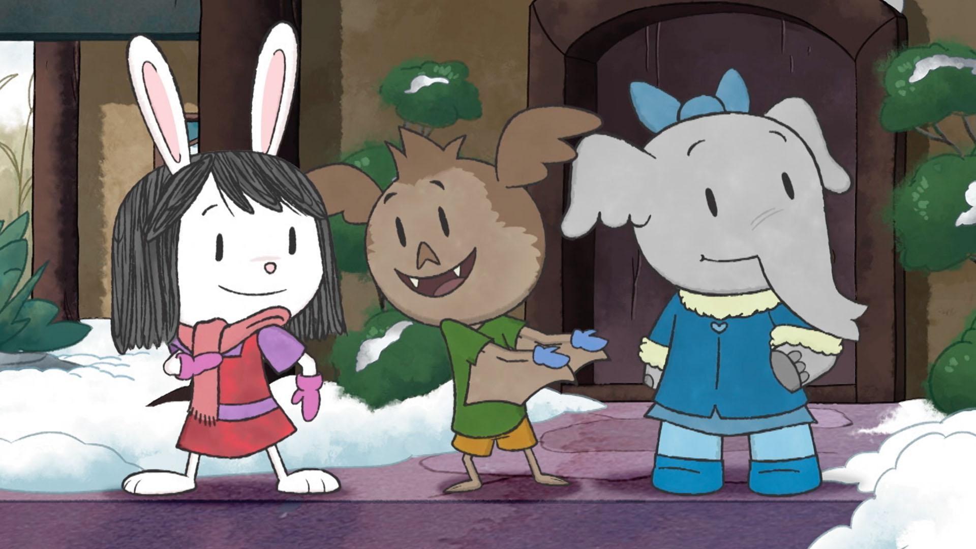 Elinor, Ari, and Olive work together to create a giant snow friend on a snowy day.