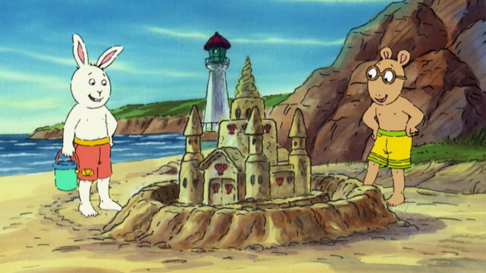 Arthur, D.W., and Buster struggle to save their sandcastles./Buster is afraid of germs.