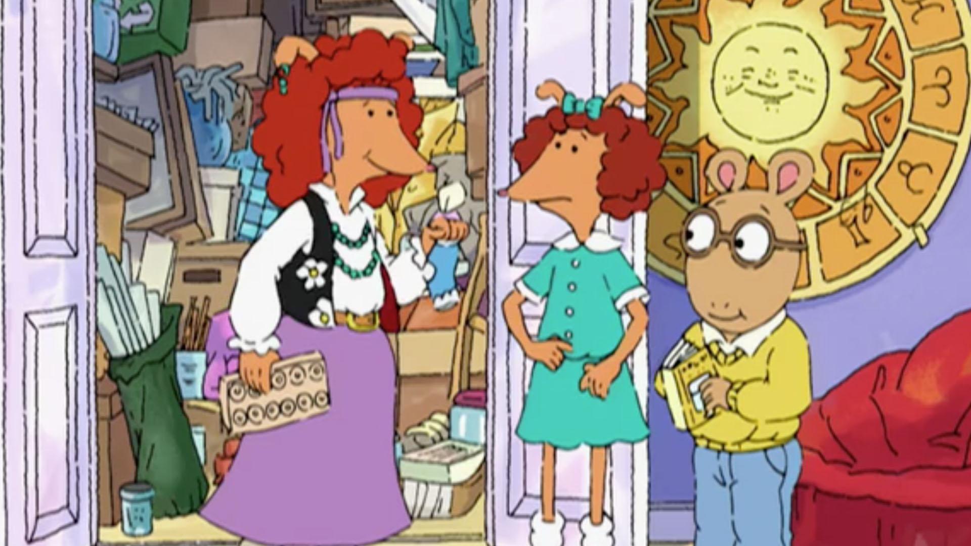 Arthur helps Prunella learn to let go of her old stuff./Muffy reveals Binky's real name.