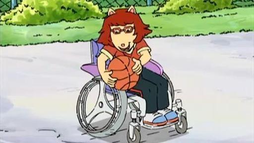 Lydia tutors Brain on how to play hoops in a wheelchair.