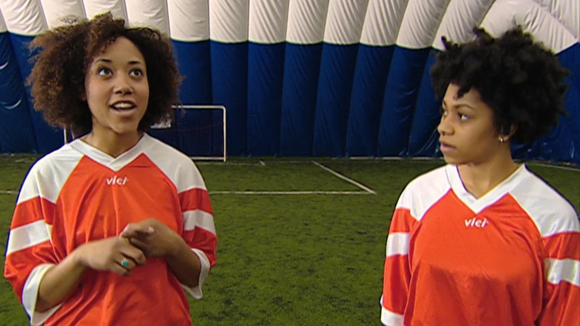 Bianca uses both direction and distance to kick the soccer ball where she wants it to go.