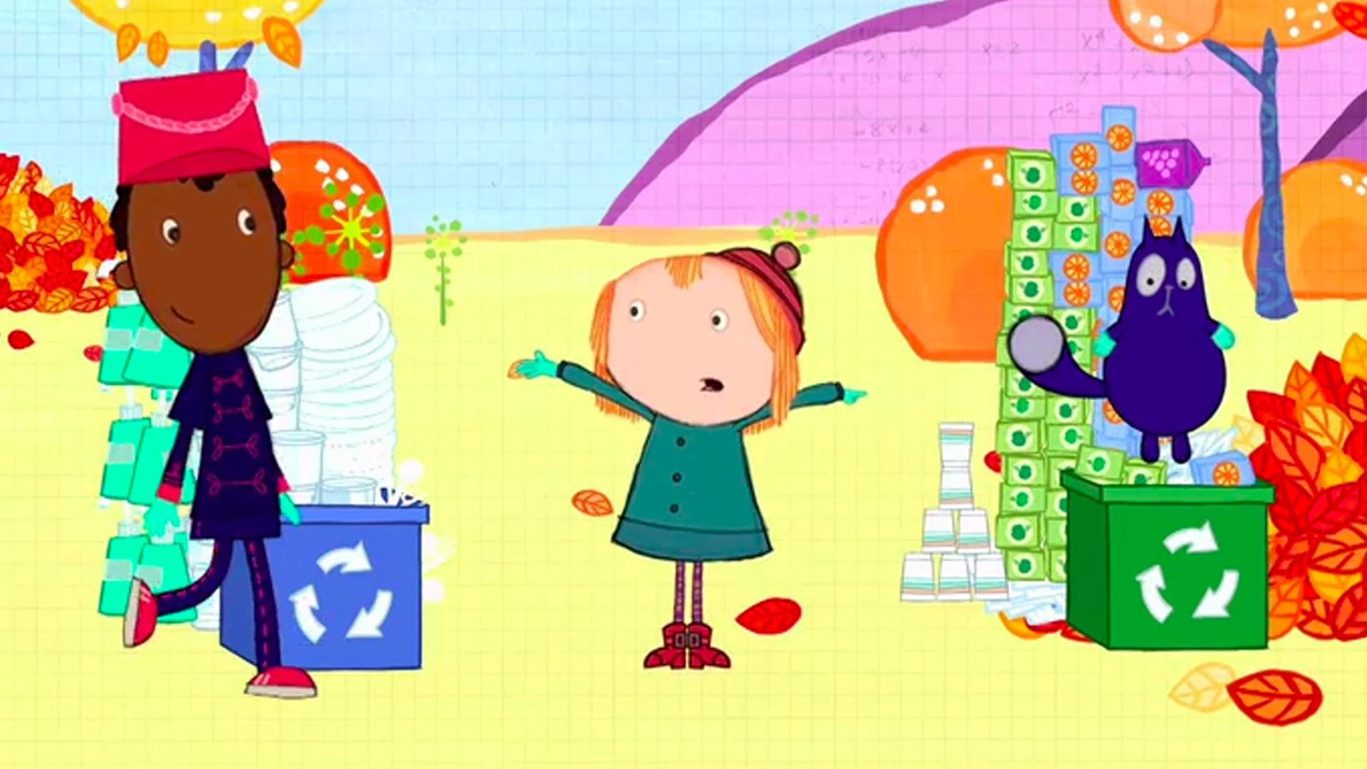 Peg and Cat are cleaning up the field for the Nursery School Halloween Parade.