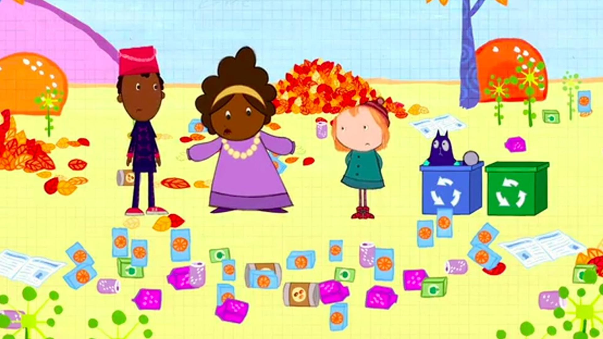 Peg, Cat and Neighbor Lady Viv sort and recycle junk.