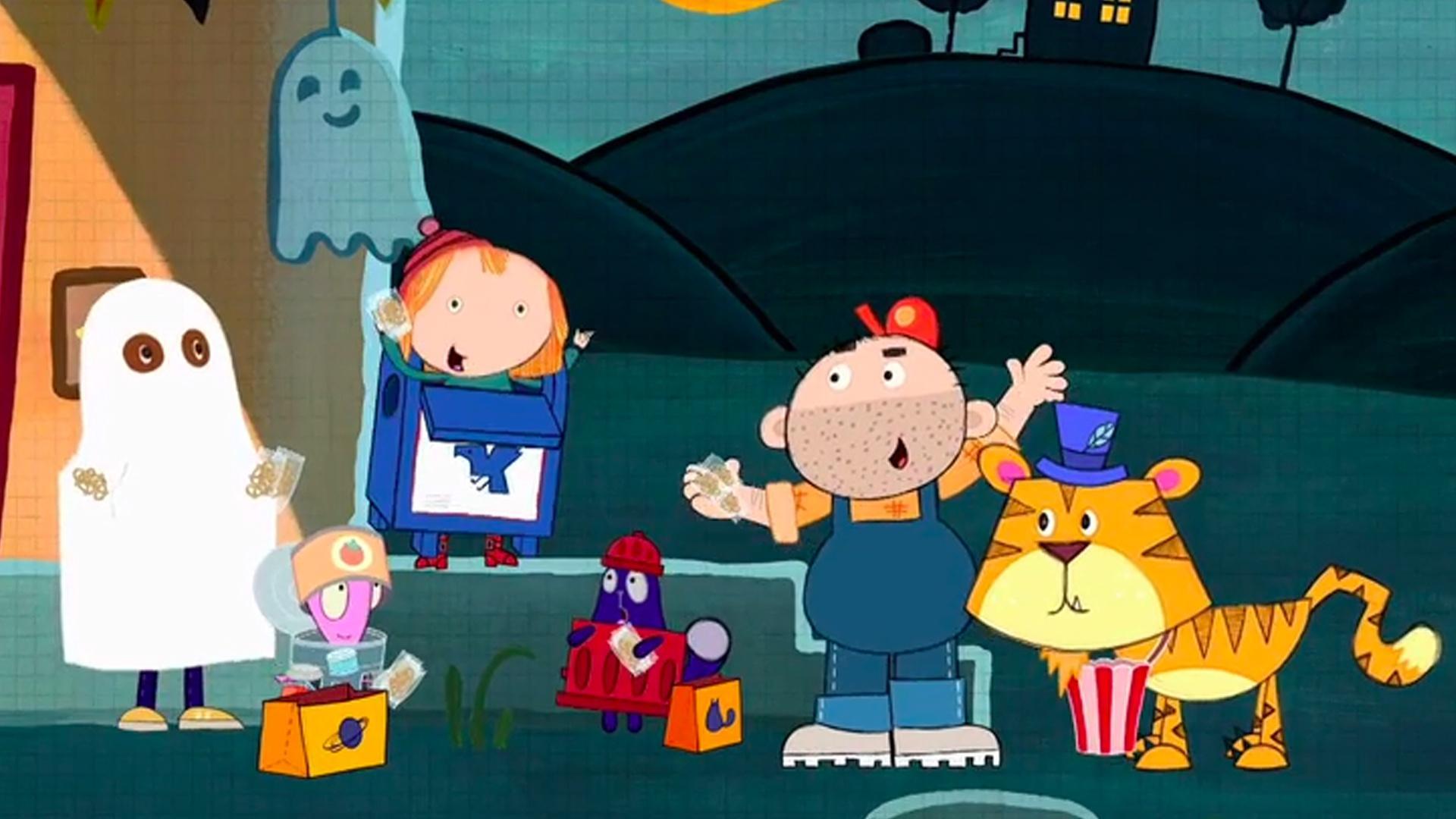 Peg, Cat, Richard, Ramone and a real tiger go trick or treating in the neighborhood.
