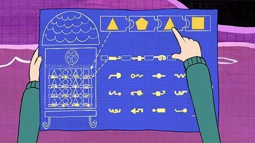 Peg, Cat, Richard, and The Pig work together to rebuild their spaceship using a pattern.