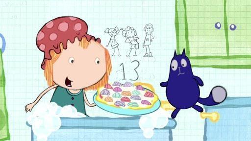 Peg and Cat make a pizza in the tub using bath stuff and rocks.