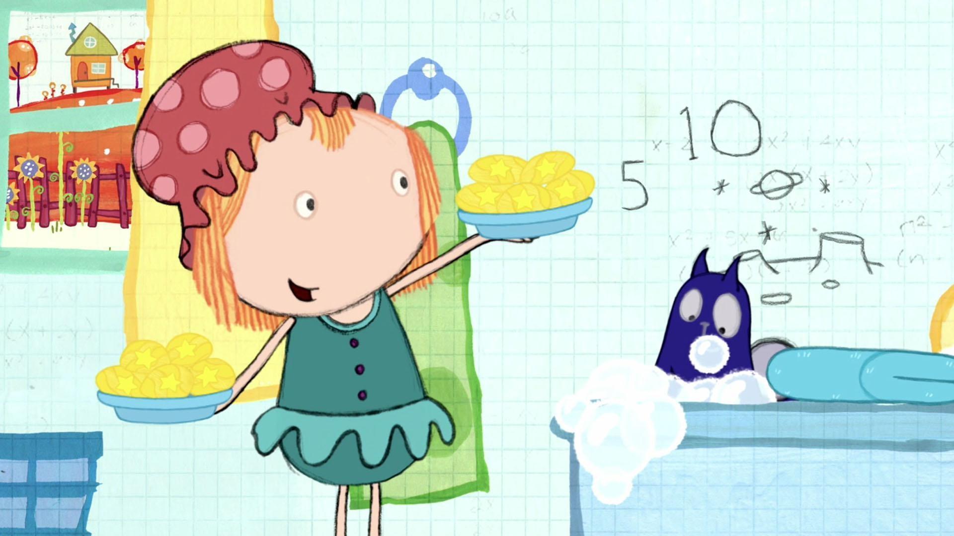 Peg and Cat pretend they're on the Purple Planet while they are in the bath.