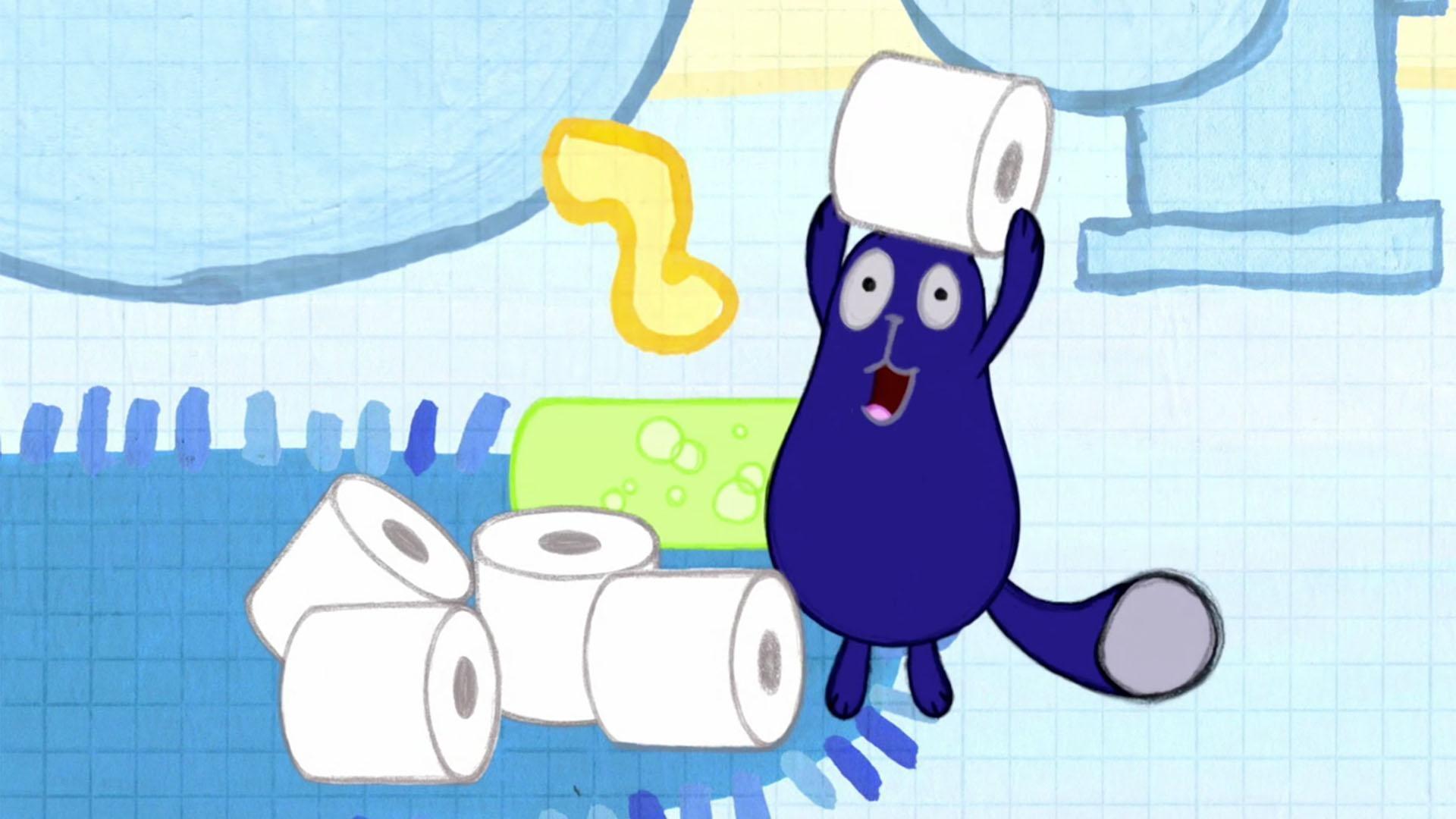 Peg and Cat play with vertical and horizontal cylinders in the bathroom.