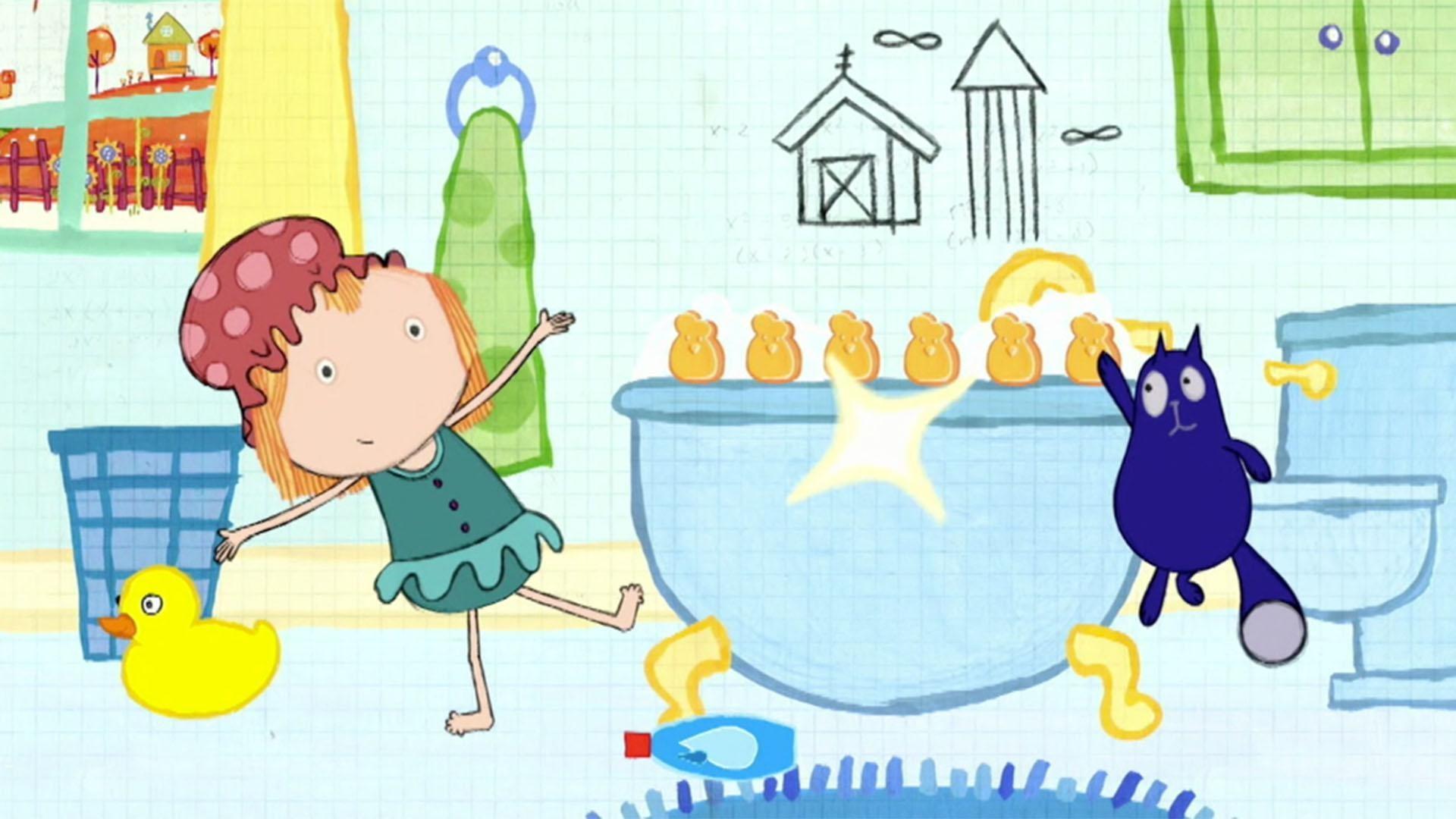 Peg and Cat use soap chicken dancers to make different shapes in the tub.