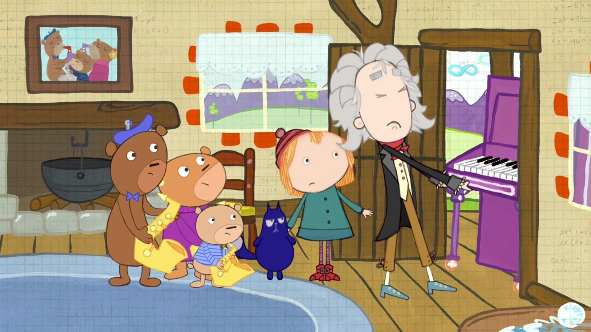 Peg and Cat help Beethoven fit his piano through a door.