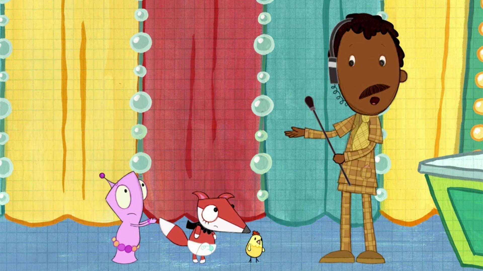 Richard, Baby Fox and The Littlest Chicken sing a song about being small on a game show.