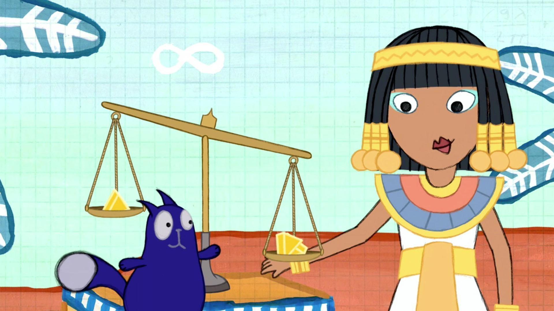 Cleopatra shows Peg how to use a pan balance to see which bowl contains her lost marble.