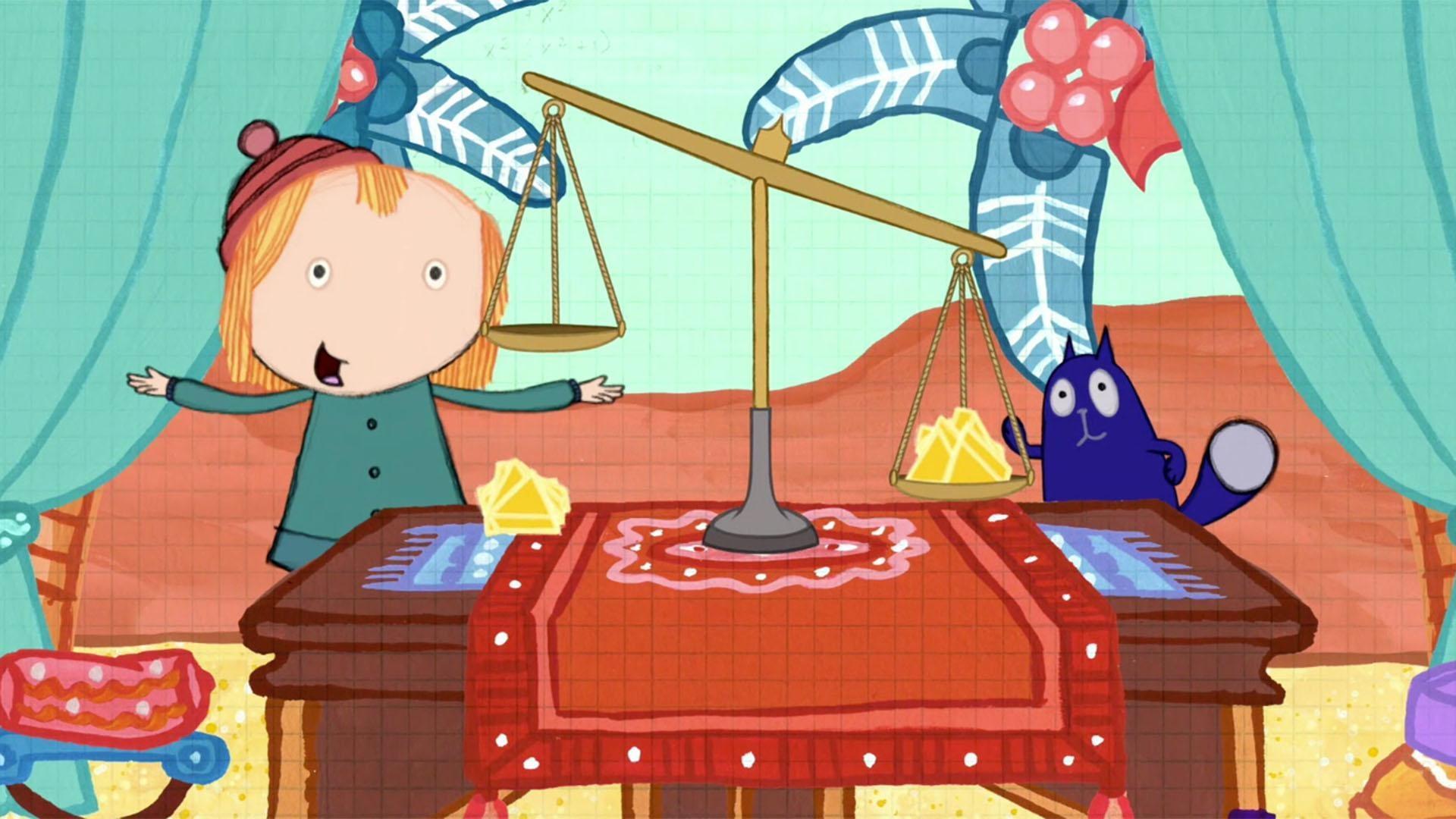 Peg, Cat, and Cleopatra celebrate the power of the pan balance with a song.