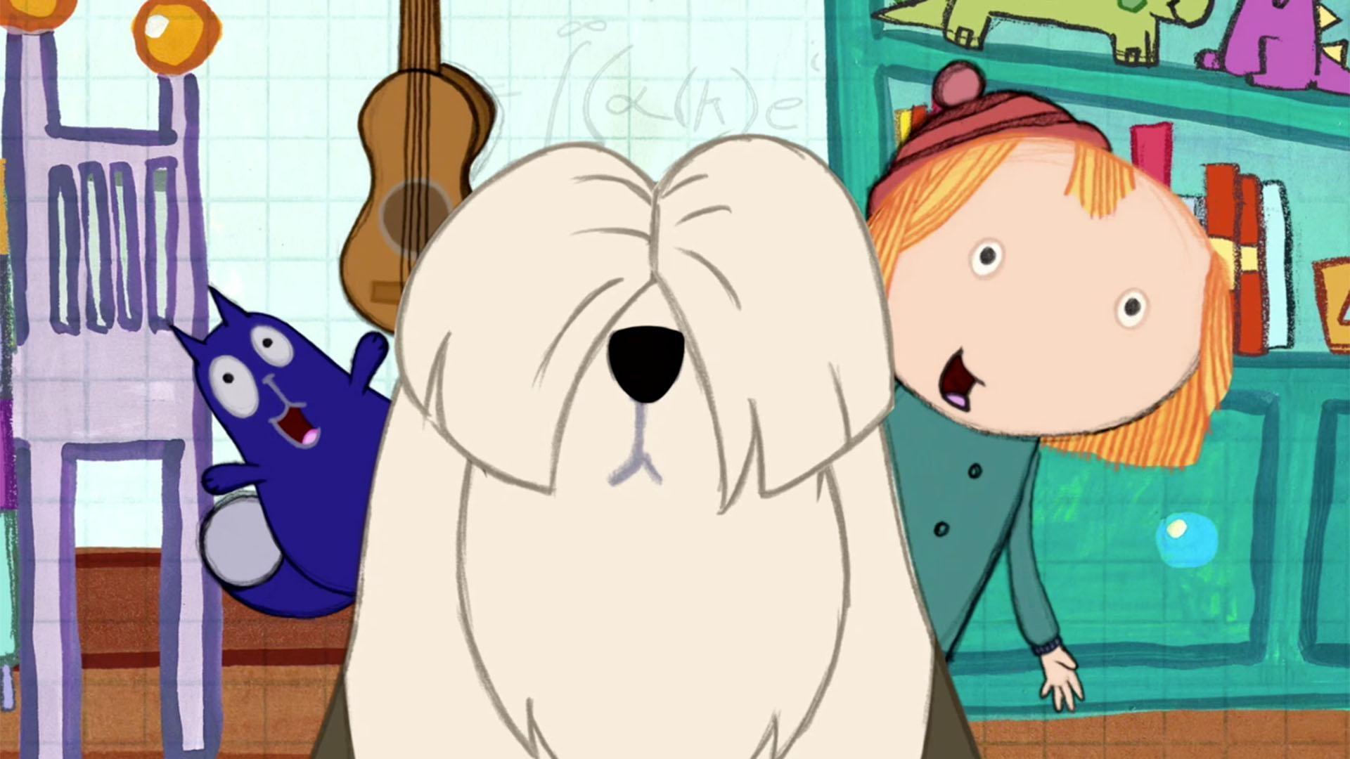 A big dog blocks Peg and Cat's path to the mailbox. / Peg uses a bar graph to investigate.