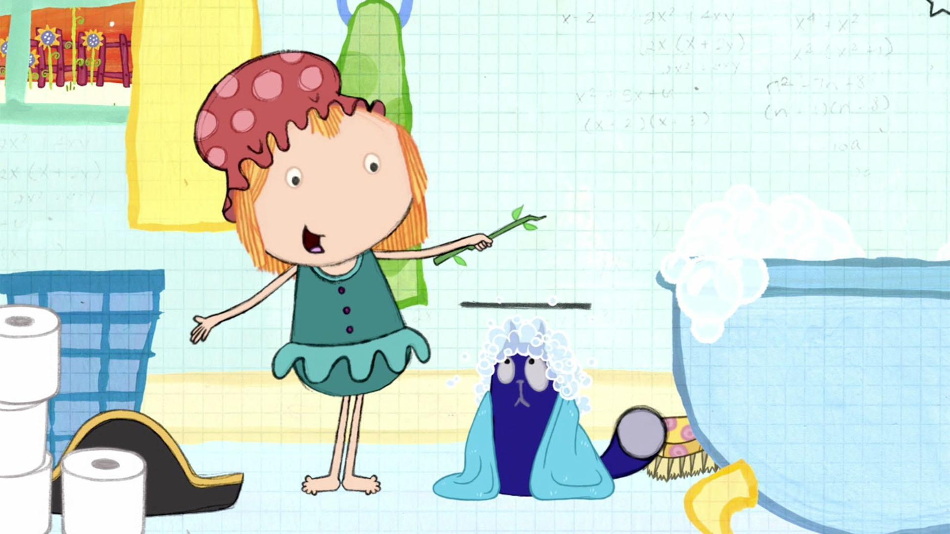 Peg and Cat play dress up in the bathroom and Peg measures Cat's height.