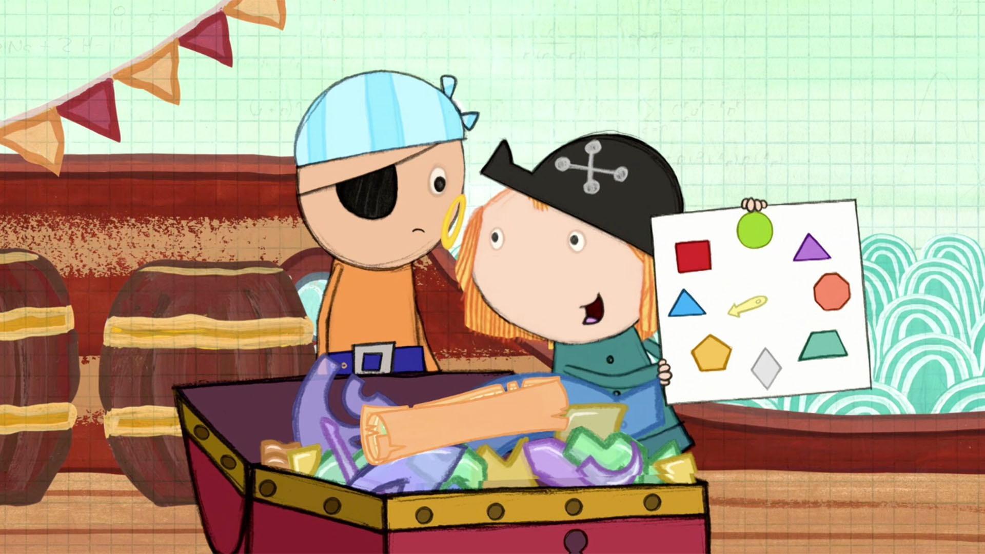 Peg and Cat help the pirates complete a puzzle by showing them how to recognize shapes.