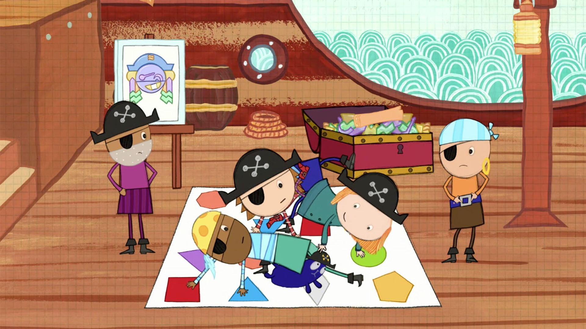 Peg and Cat help repair the pirates' sinking ship./Peg and Cat assemble pieces of a map.