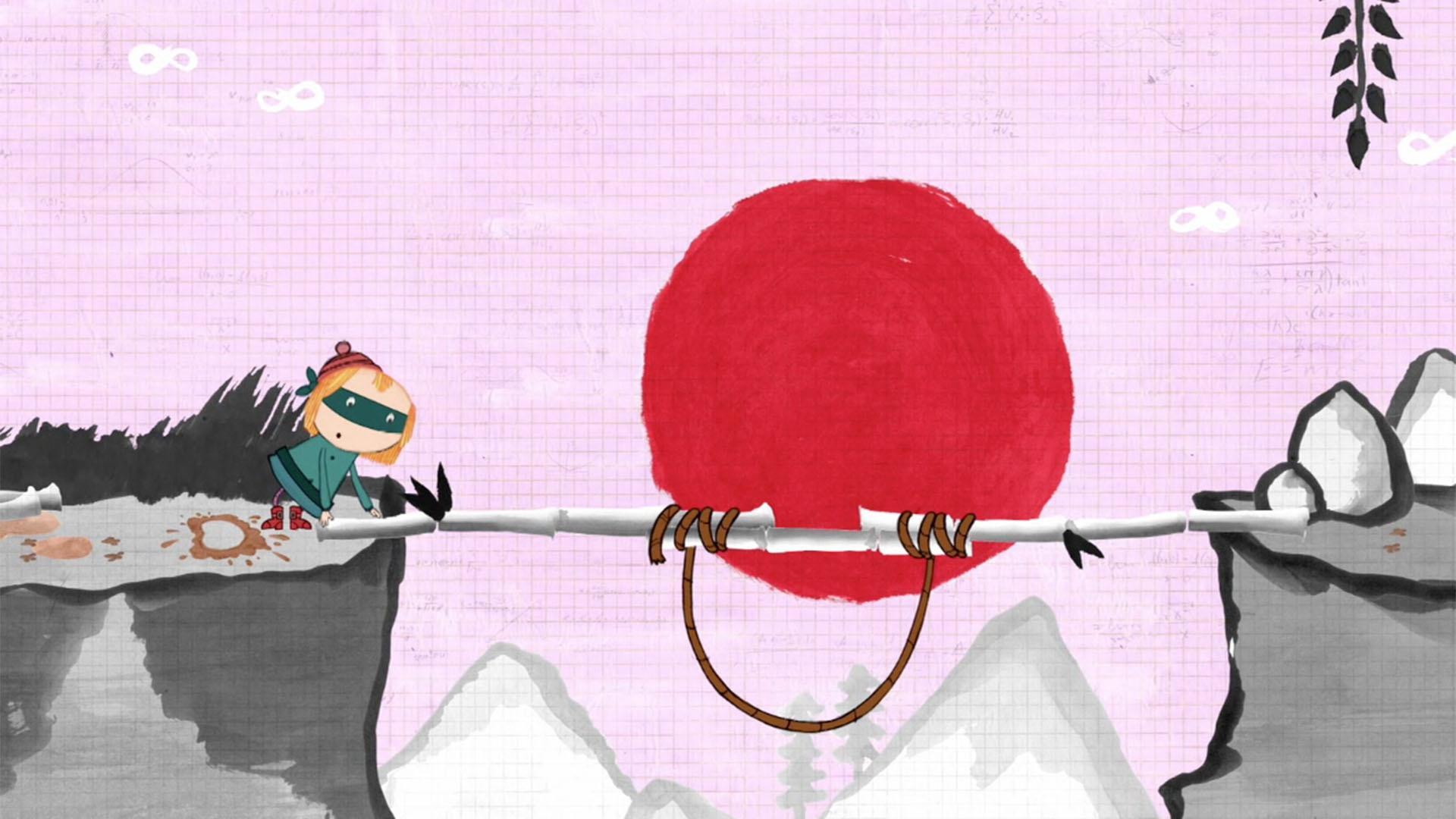 Peg, Cat, and Aki use their knowledge of height and length to chase the Pig.