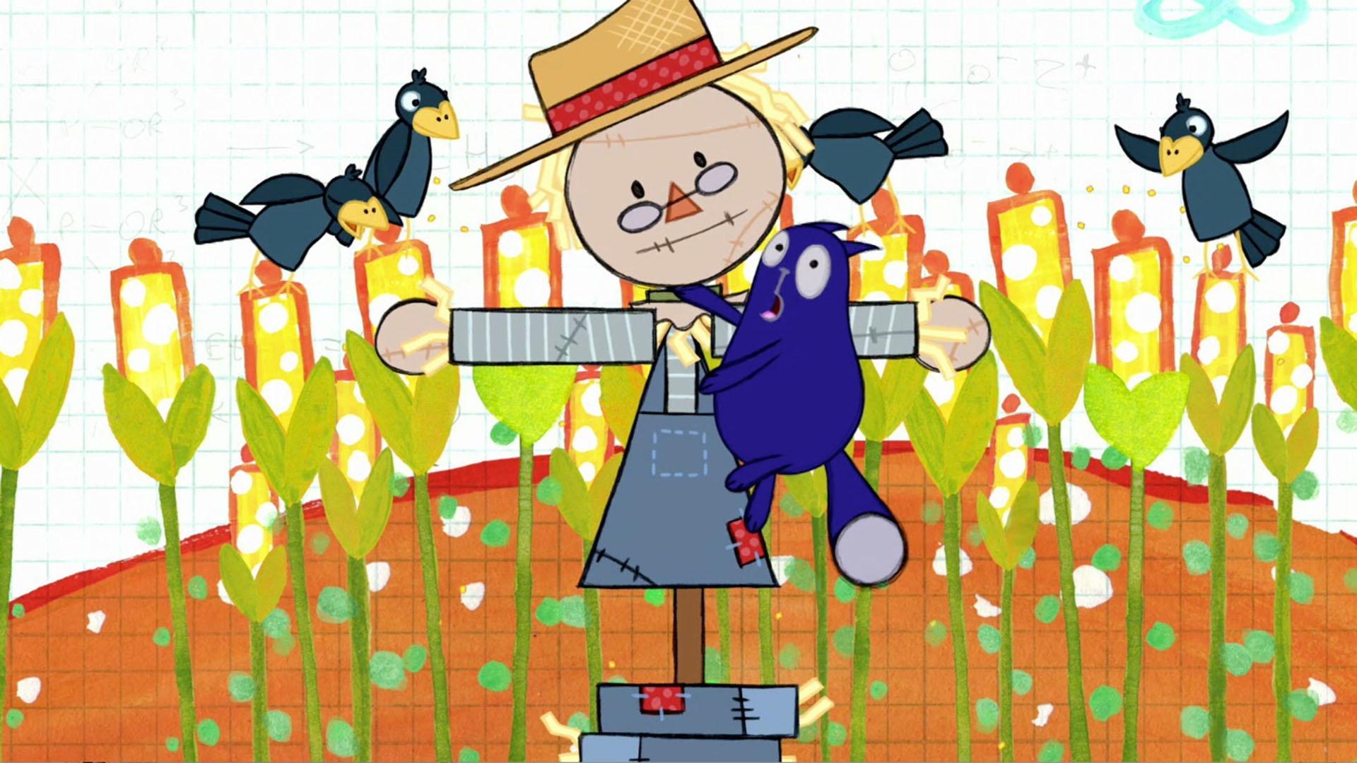 Peg and Cat must rebuild a scarecrow to save the Farmer's corn from being eaten.