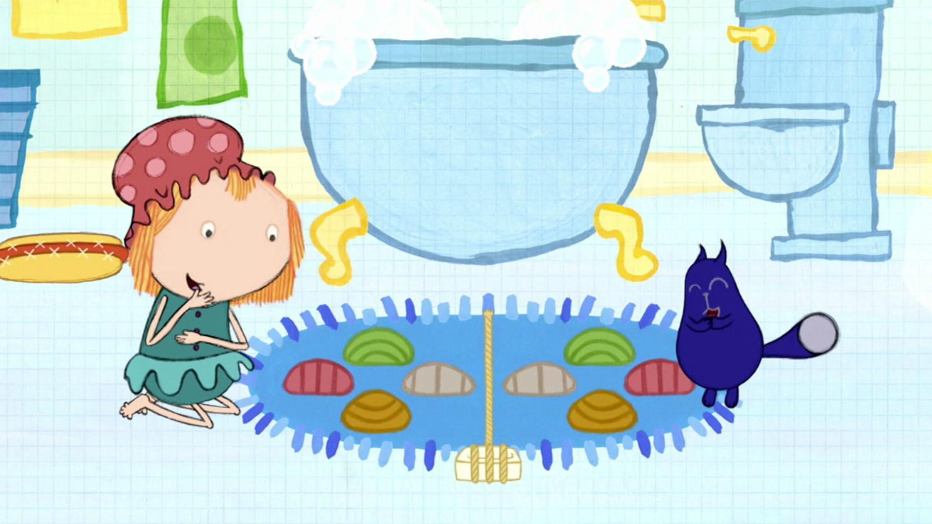 Peg and Cat make symmetrical pizza in the bathroom.