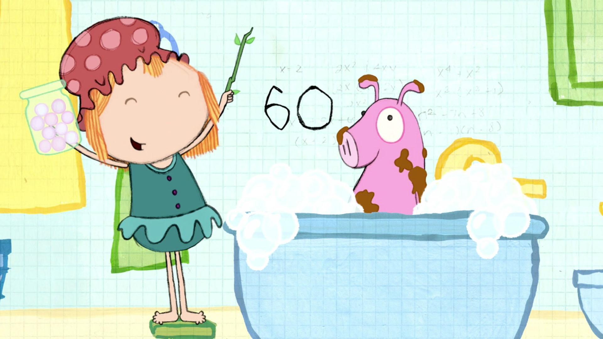 Peg and Cat use 60 bubble beads to wash the Pig in the tub.