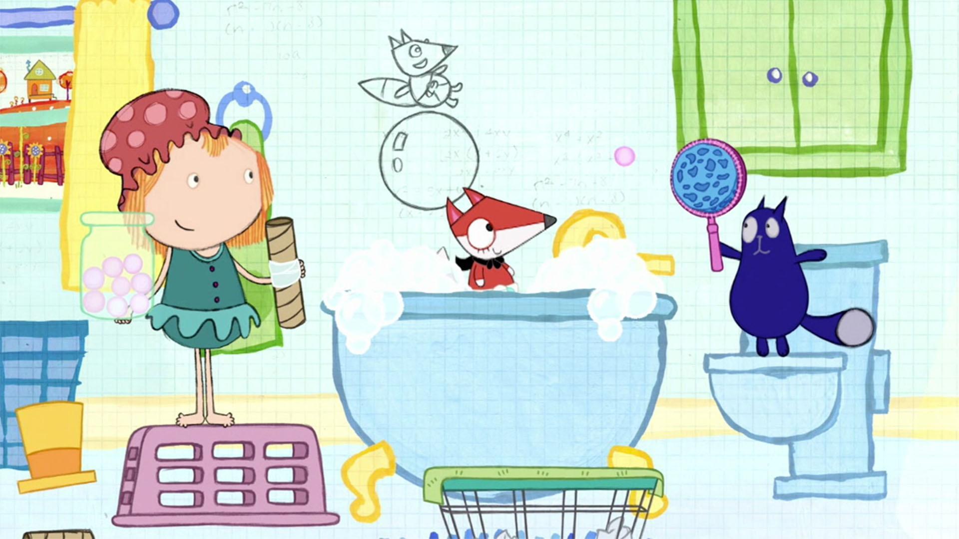 Baby Fox helps Peg and Cat make a cool machine to toss bubble beads into the tub.