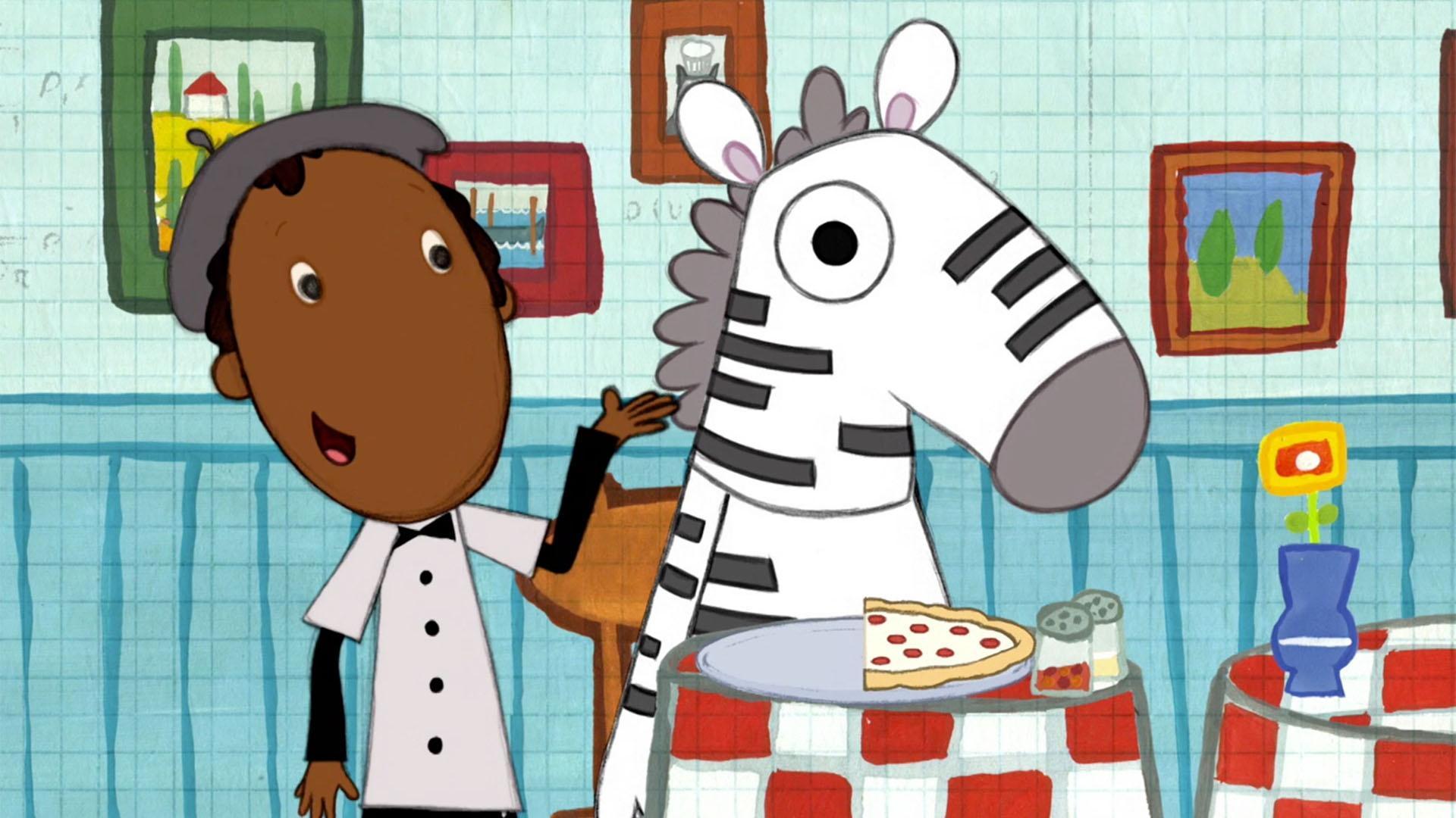 Peg and Cat sing about cutting pizzas in half at the pizza place.