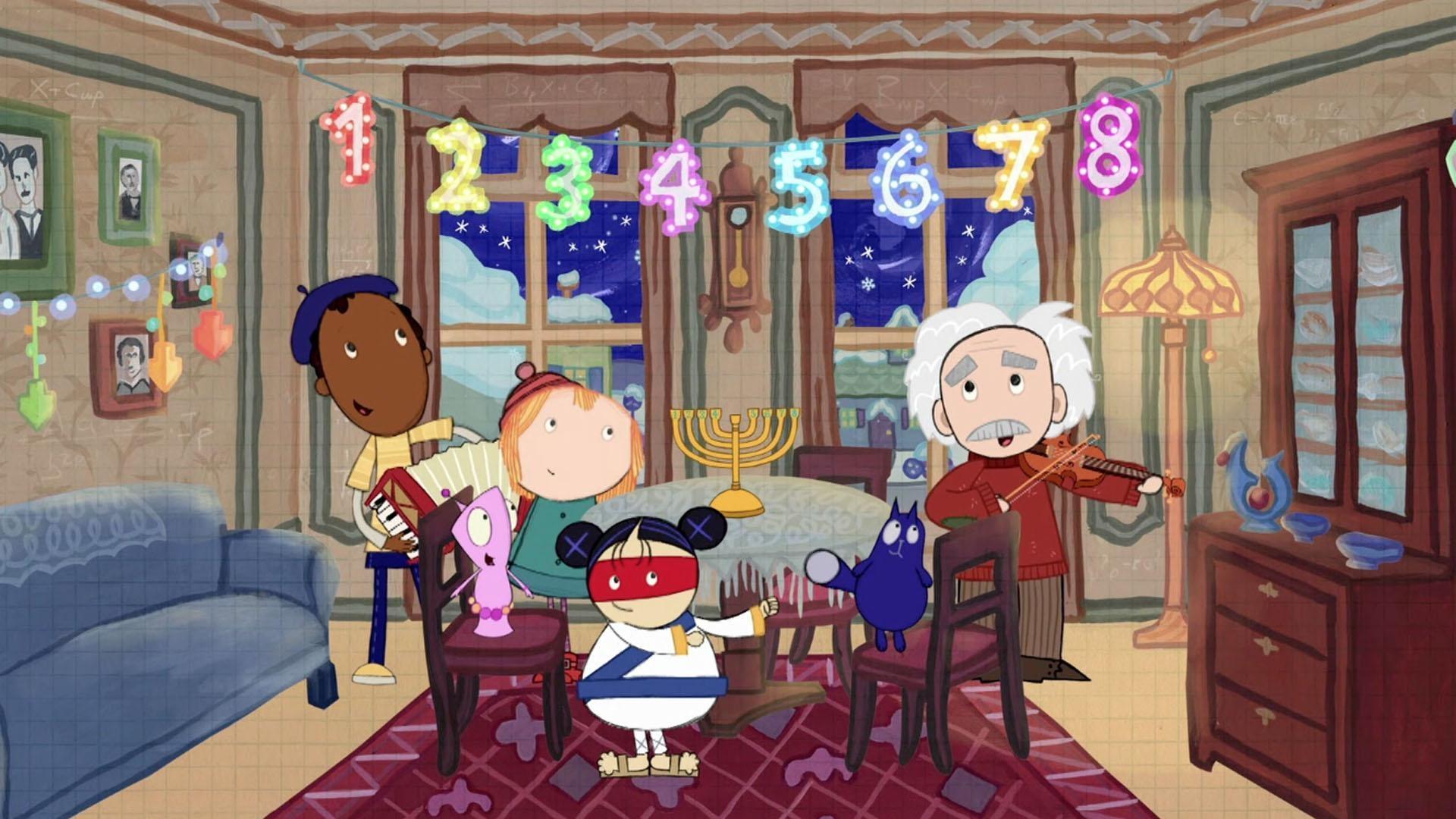 Triangulo and Flat Woman take over Mathtropolis./It's Hanukkah at Albert Einstein's house!