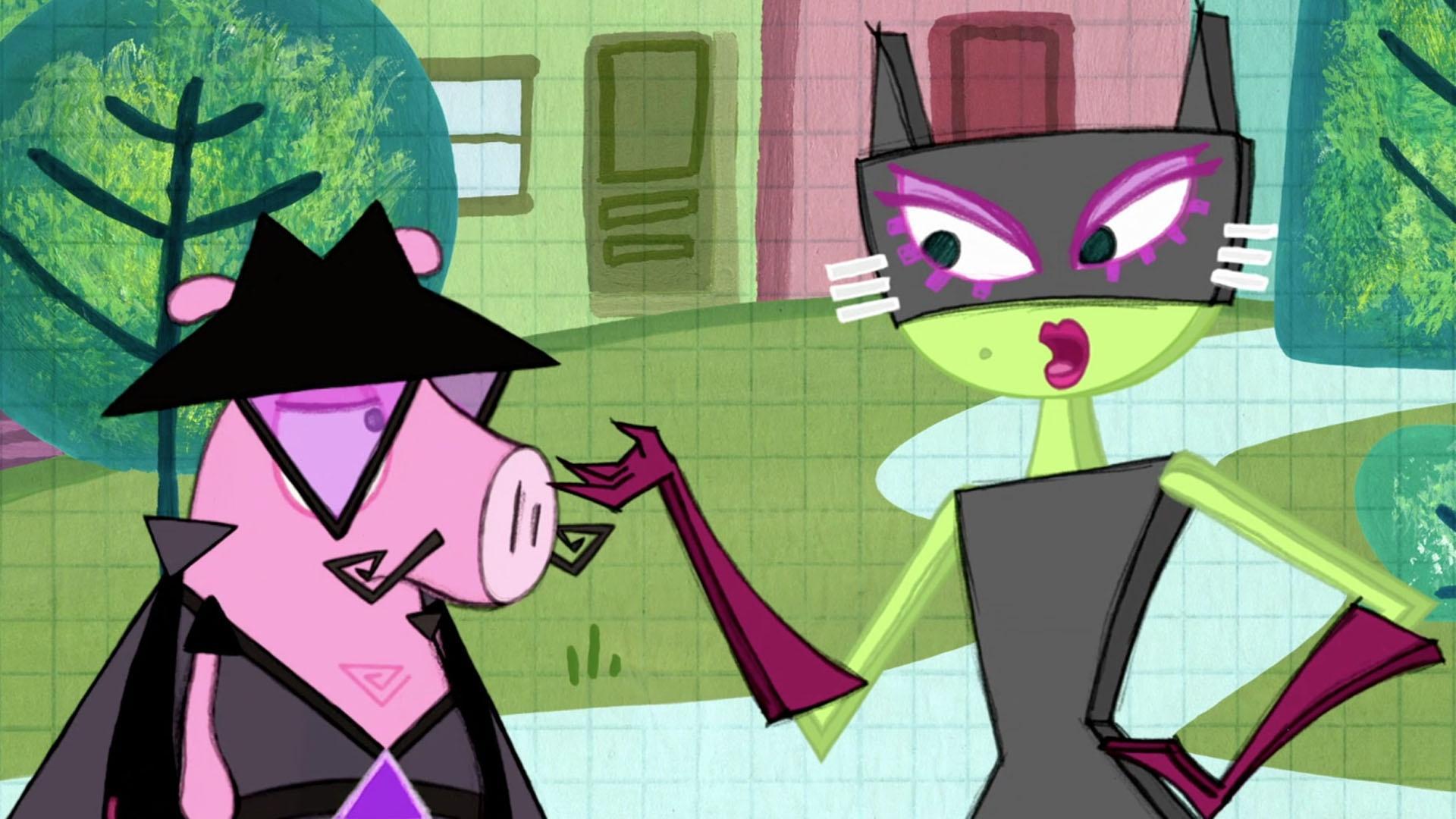 Super Peg and Cat Guy trick Triangulo and Flat Woman into reversing each other's crimes.