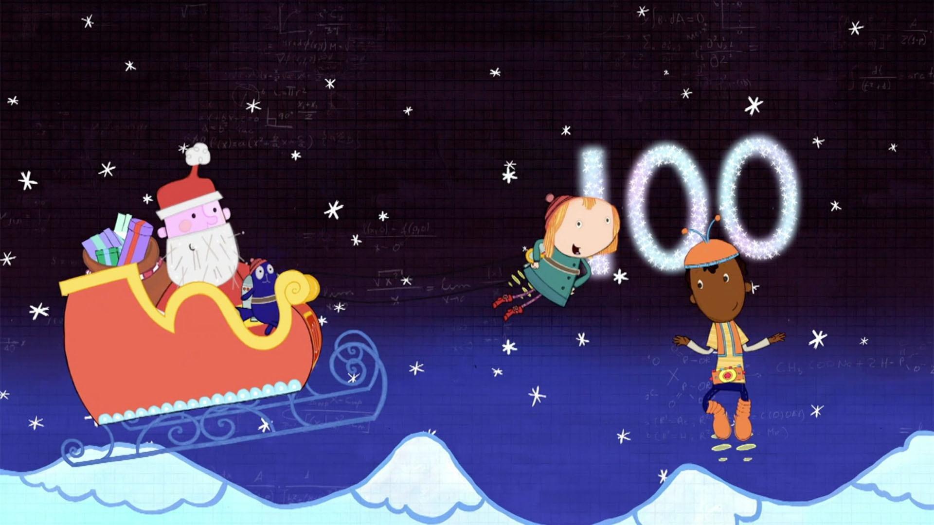 Peg and Cat help Santa deliver presents in 100 sleighs with all of their friends.