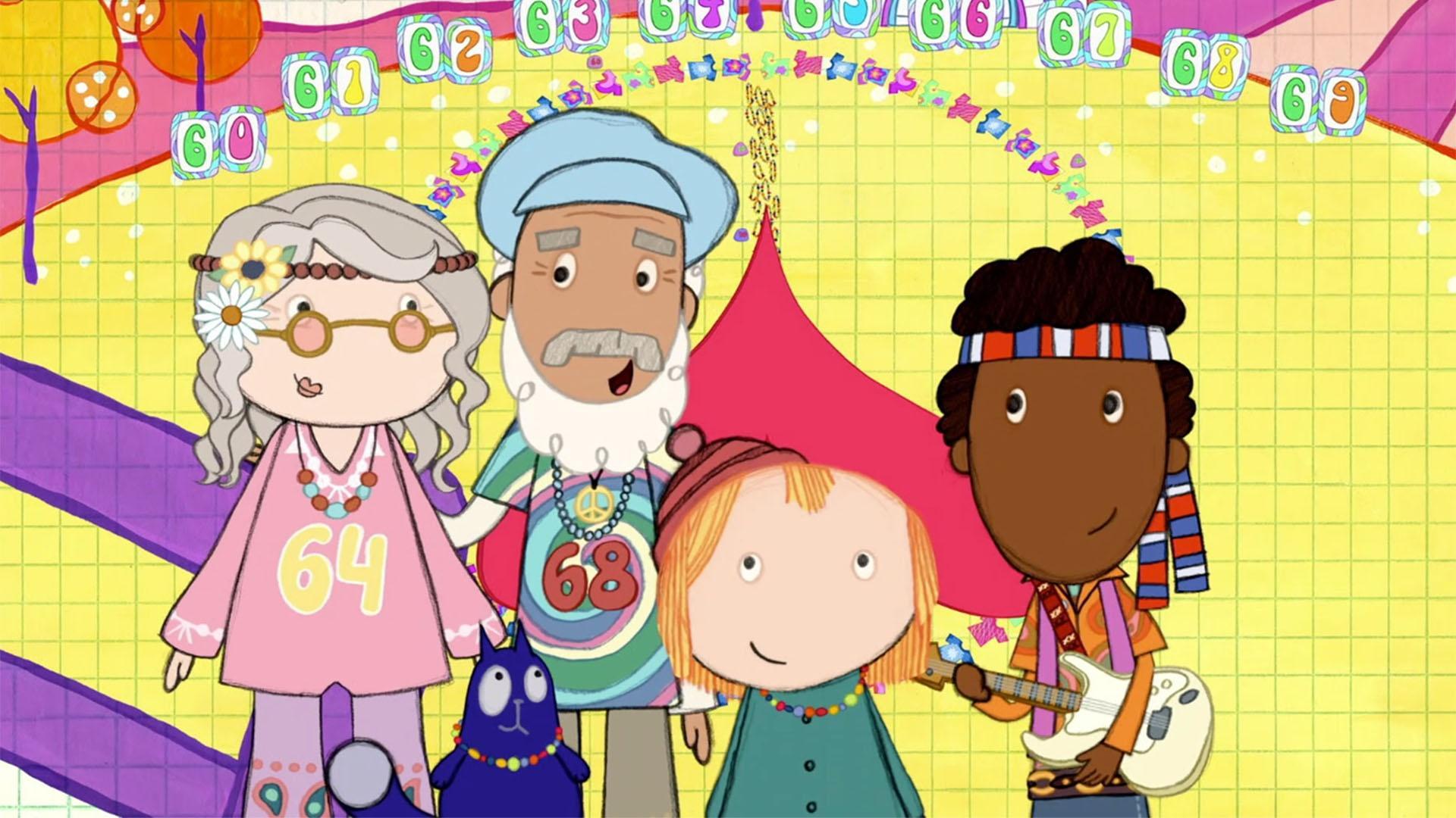 Peg's granddad has a groovy sixties-themed birthday./Peg and Cat battle Bad Jack out west.
