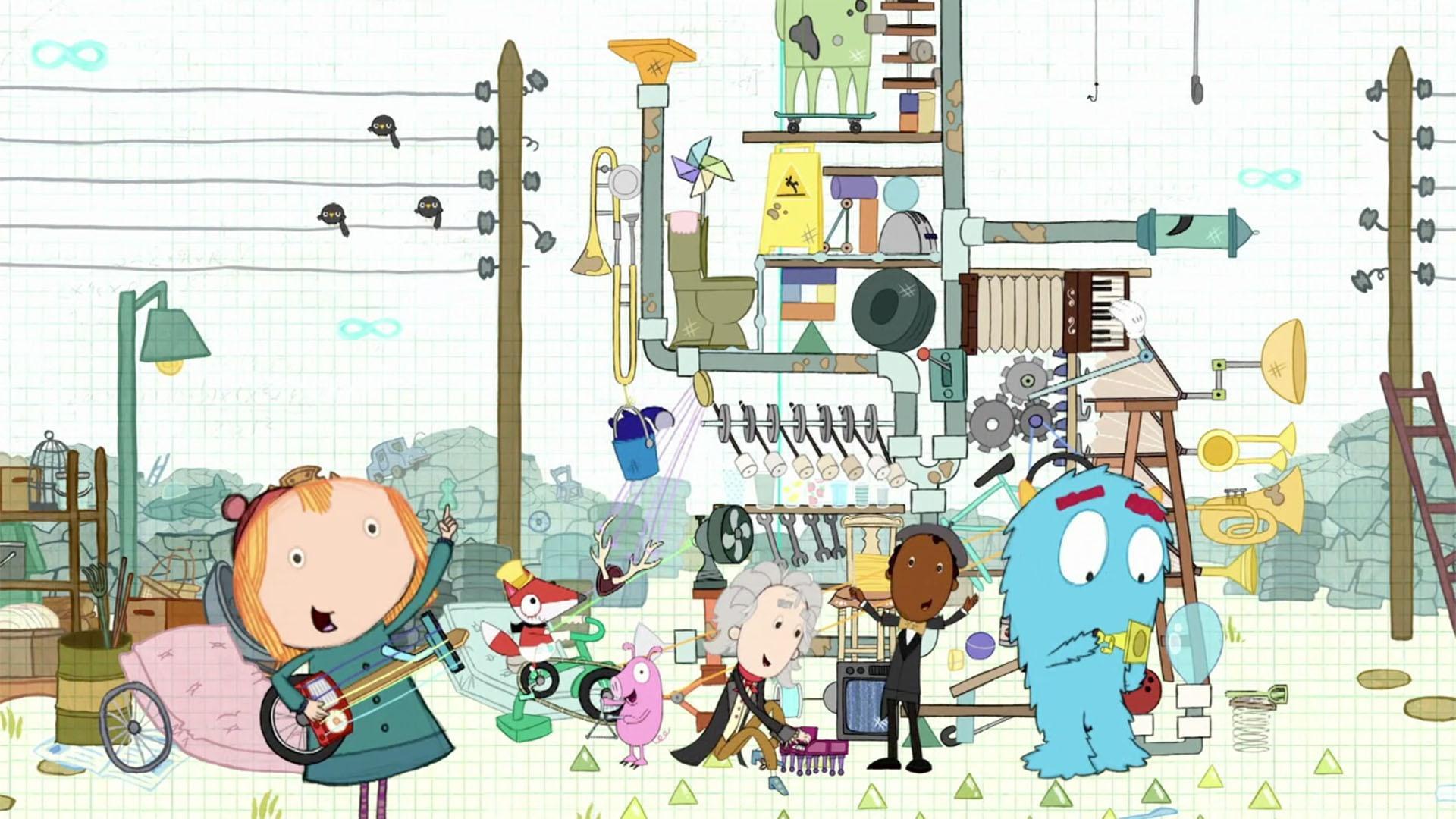 Peg, Cat, and their friends rock out on musical instruments in the junkyard.