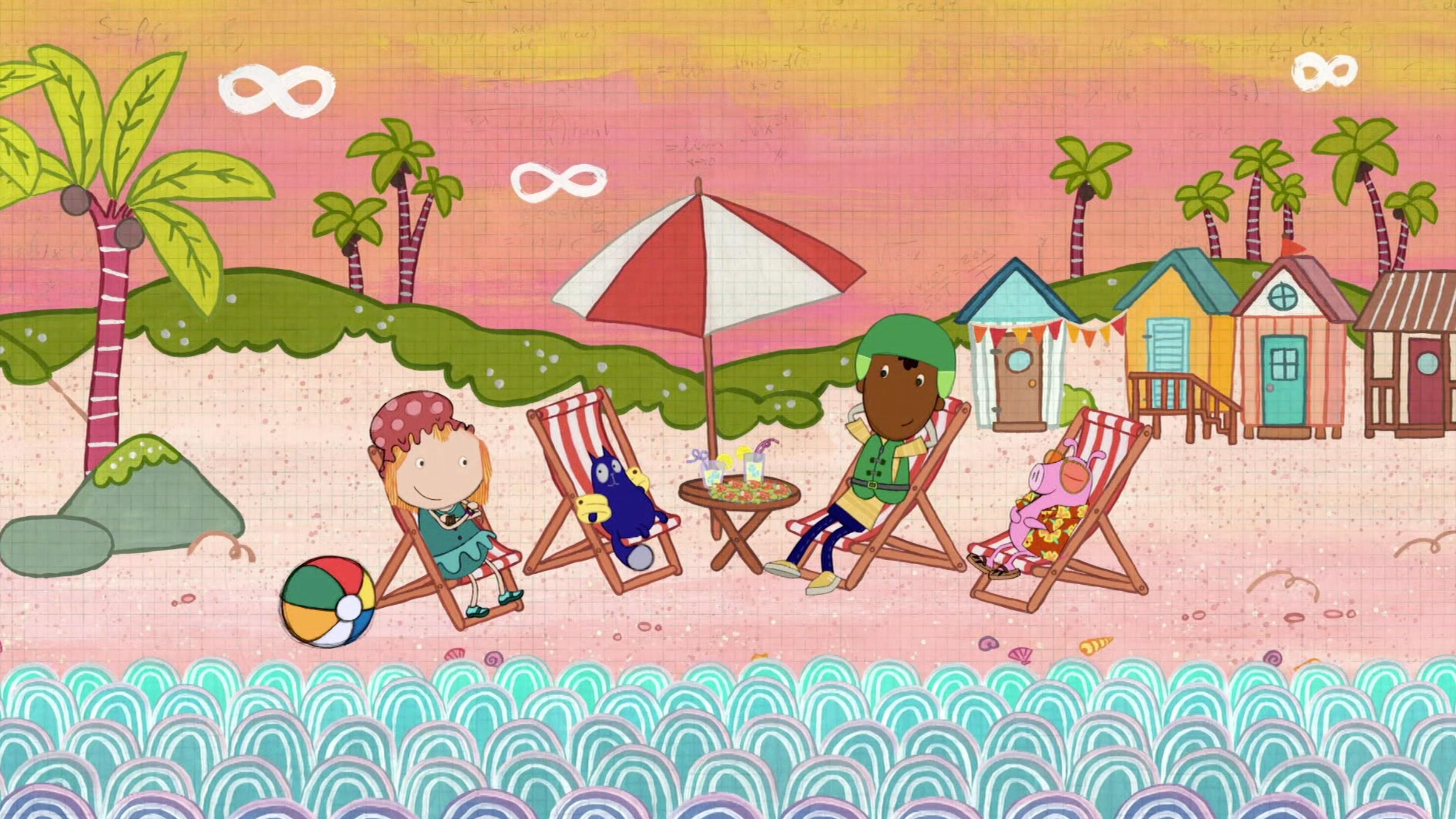 Peg, Cat, and the Pig take a beach vacation. / The Toad shows Peg and Cat his forest home.