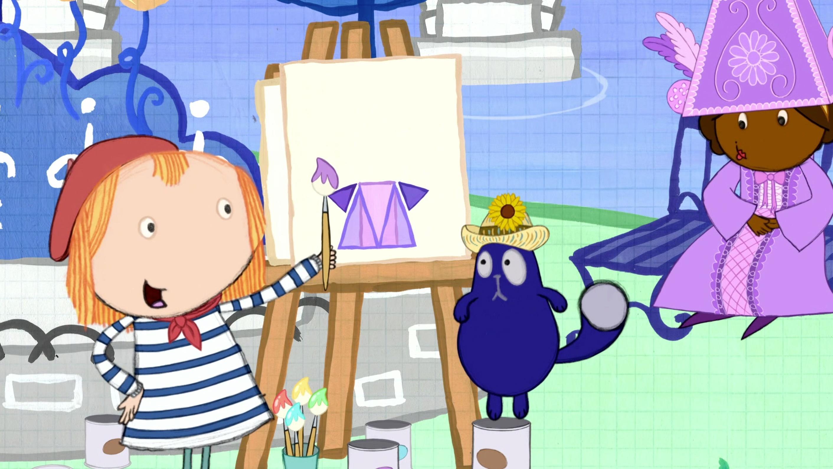 Peg shows Cat different types of paintings.