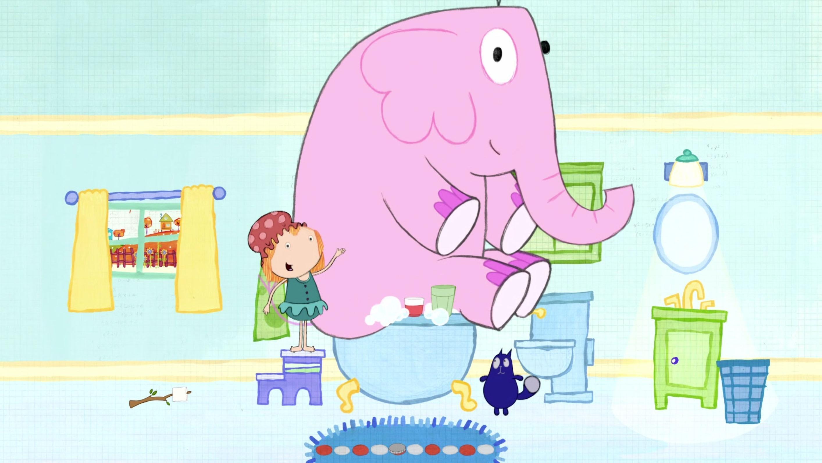 Peg and Cat discuss patterns in the bathroom. There's an elephant in the tub.