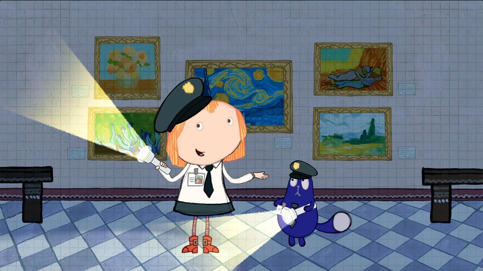 Peg and Cat are guarding works of art in the museum at night.