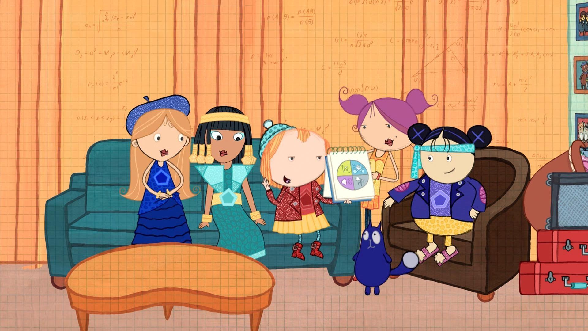 Peg explains what a pie chart is to The Pentagirls.