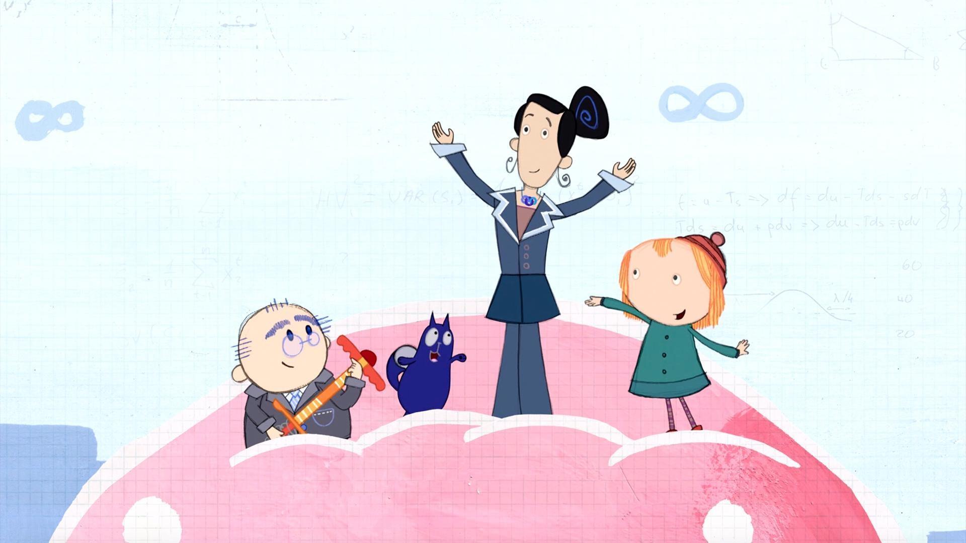 Peg, Cat, and the President try to rescue the Vice President from a tree using ladders.