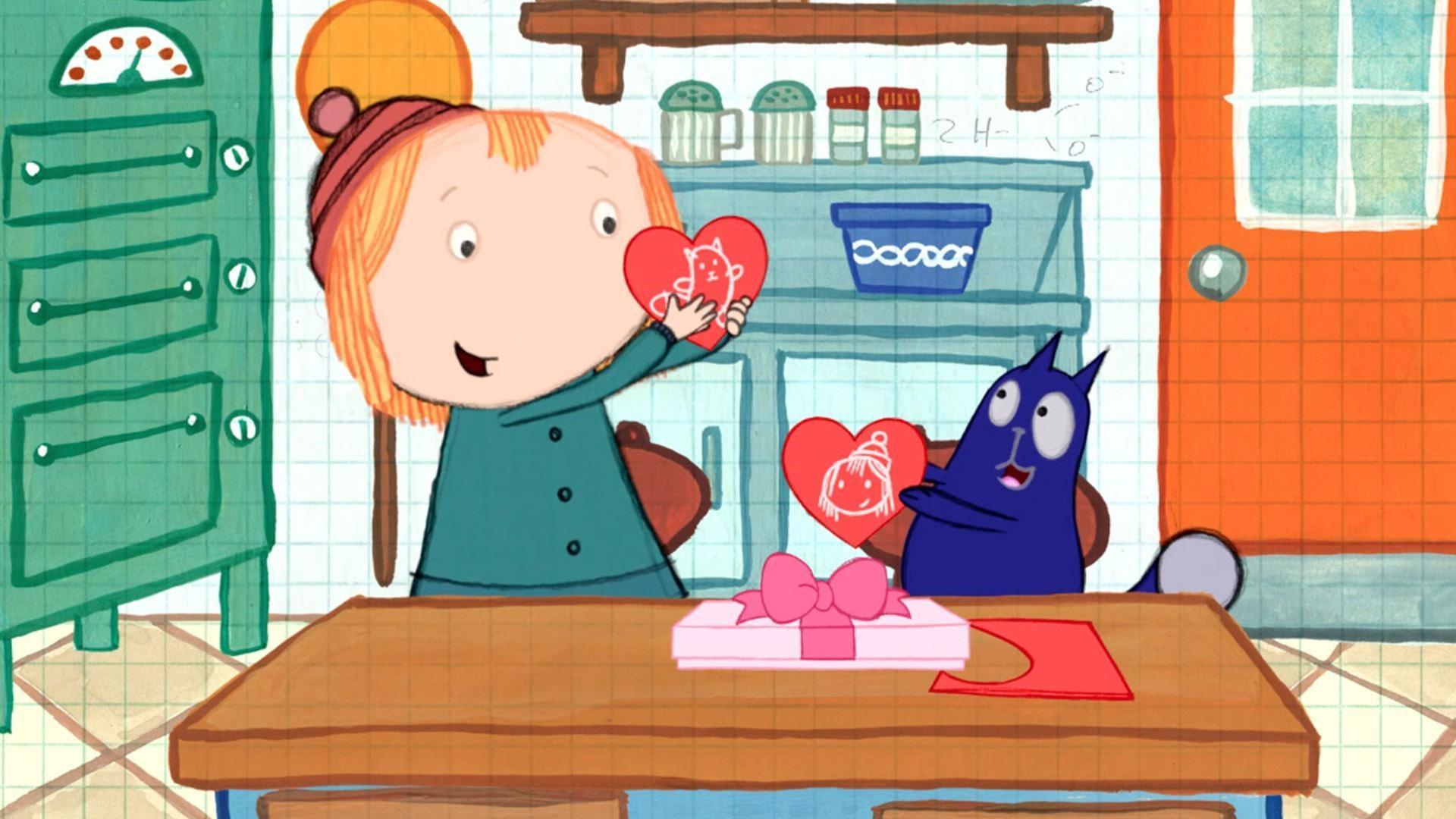 Peg and Cat make symmetrical heart shaped Valentine's Day cards.
