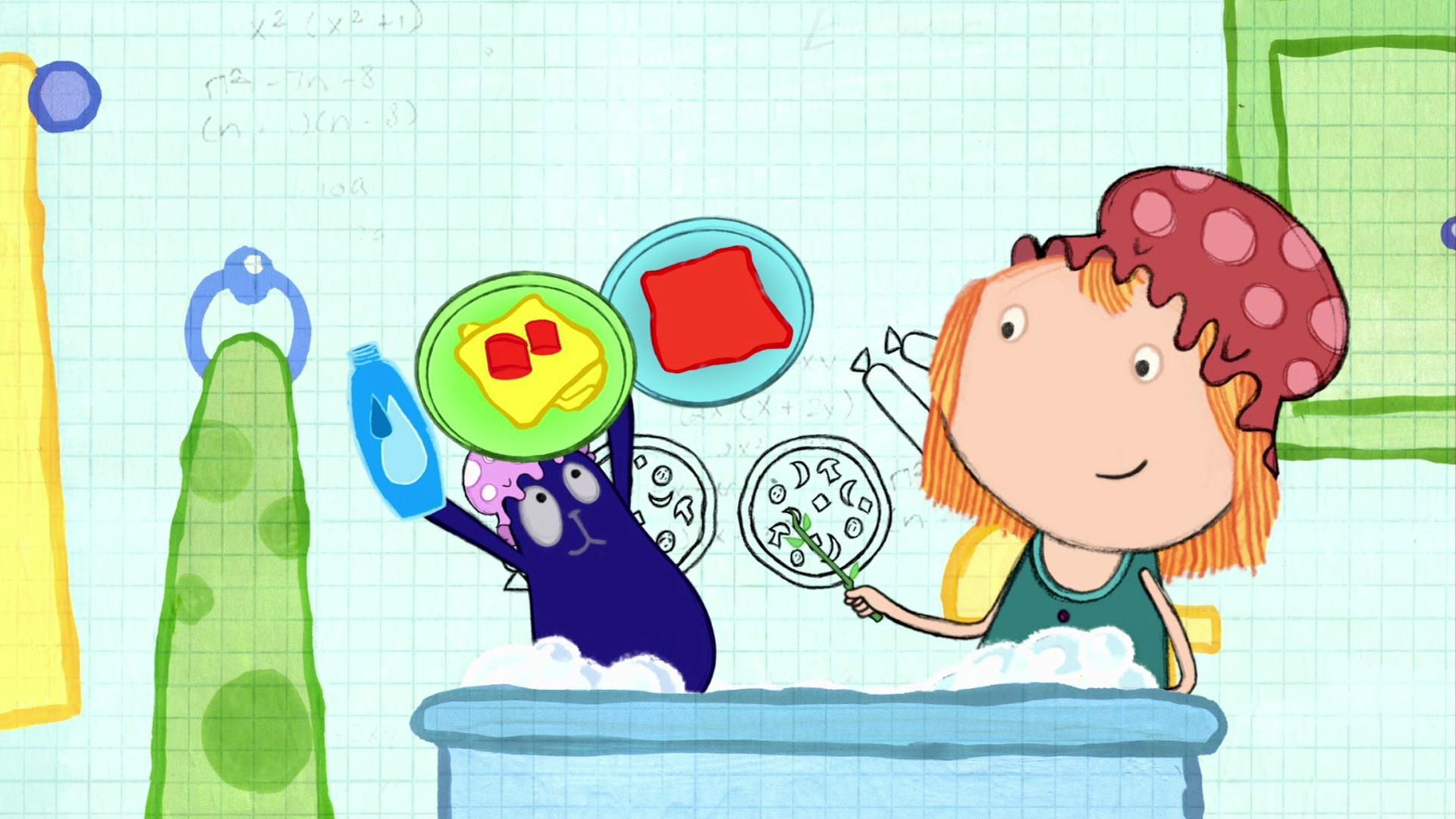Peg and Cat make the number 100 out of pizza stuff (it's really bath stuff).