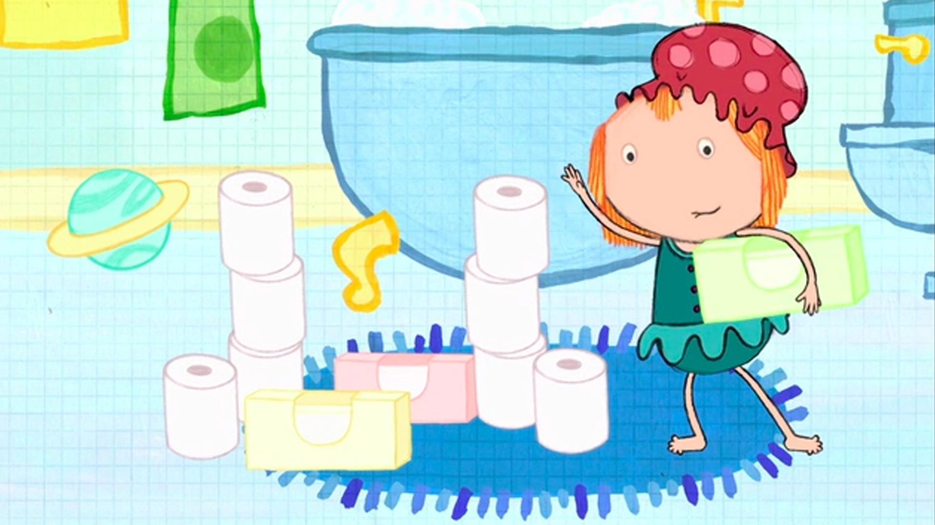 Peg and Cat build a rocket out of bathroom stuff.