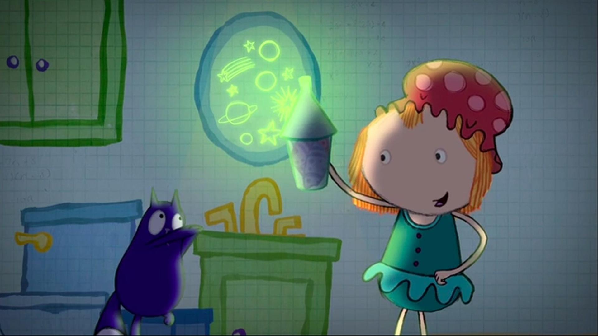 Peg and Cat share rocks to build their spaceship.