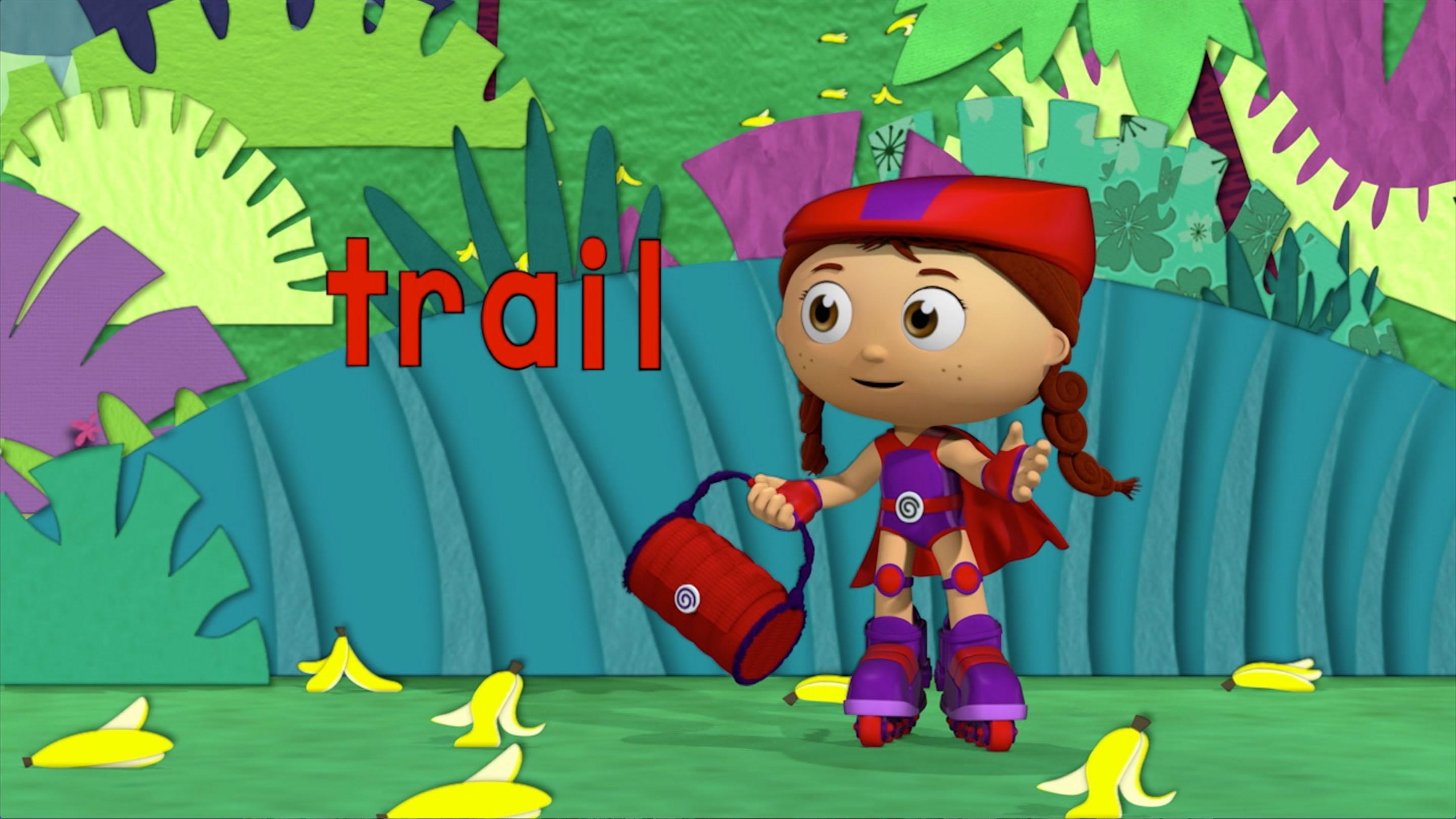 Wonder Red uses her rhyming power to clear the banana peels out of the way.