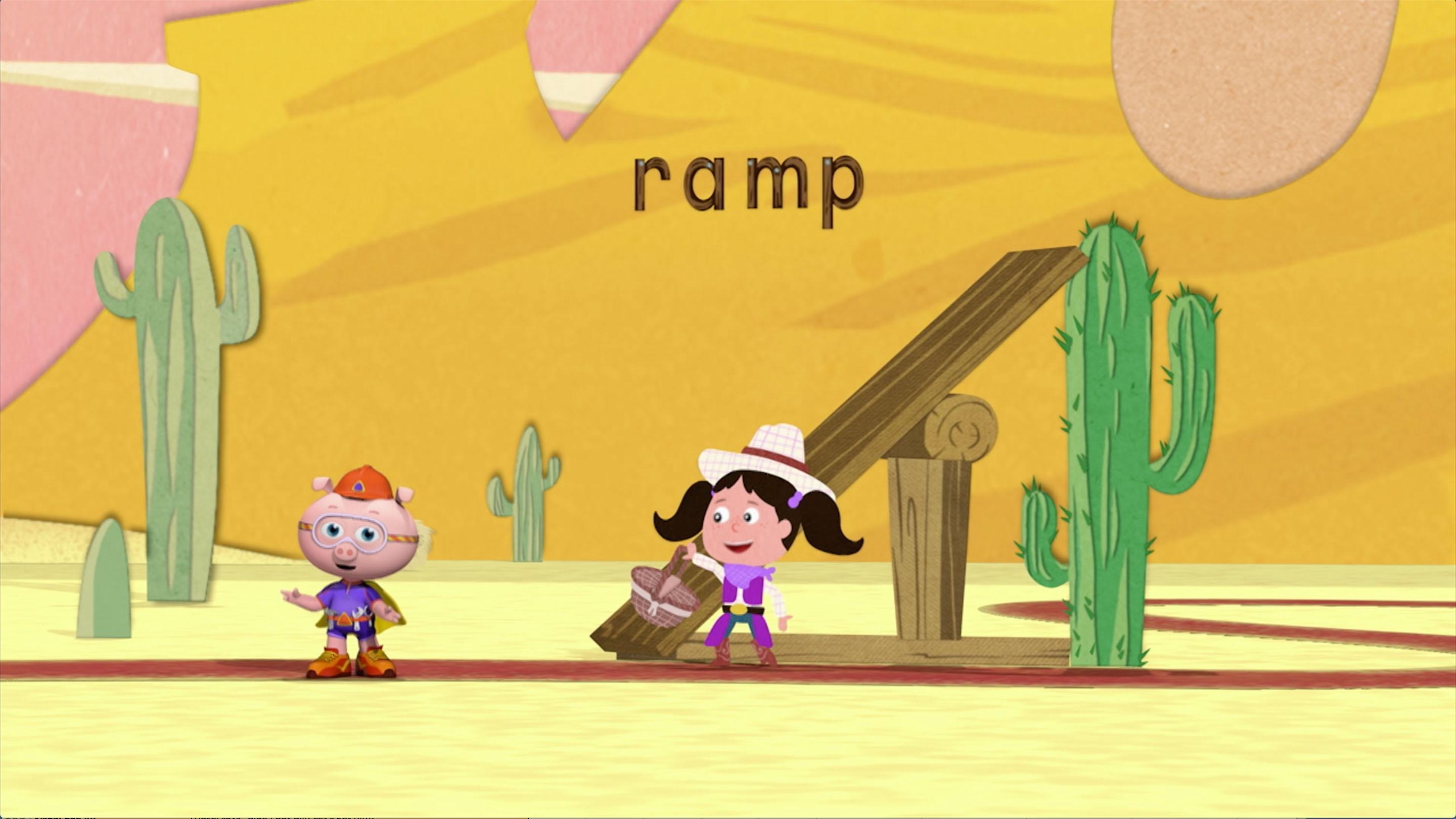 Alpha Pig helps retrieve Hazel's basket by spelling the word "ramp".