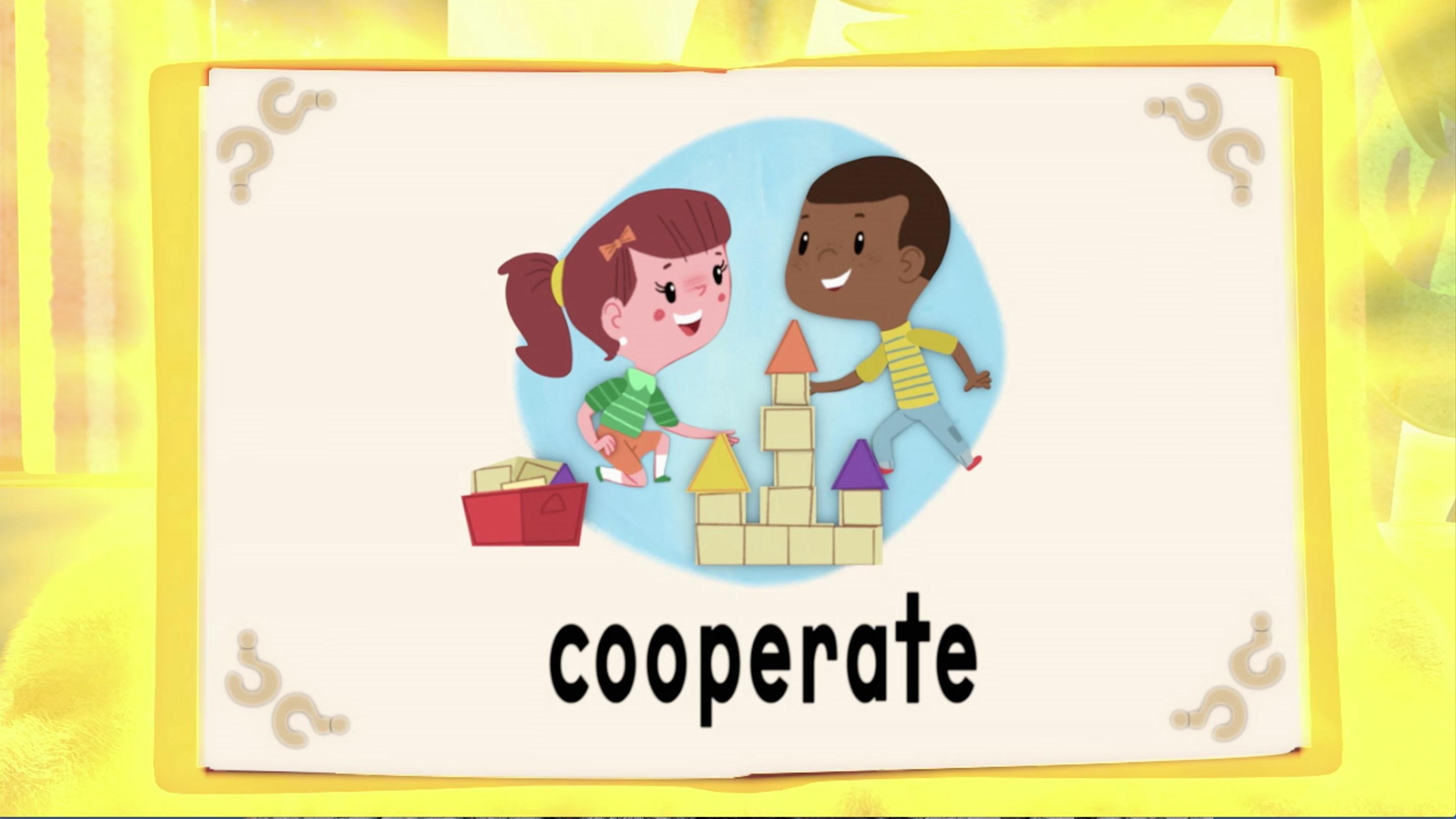 Woofster defines the word 'cooperate' as working together.