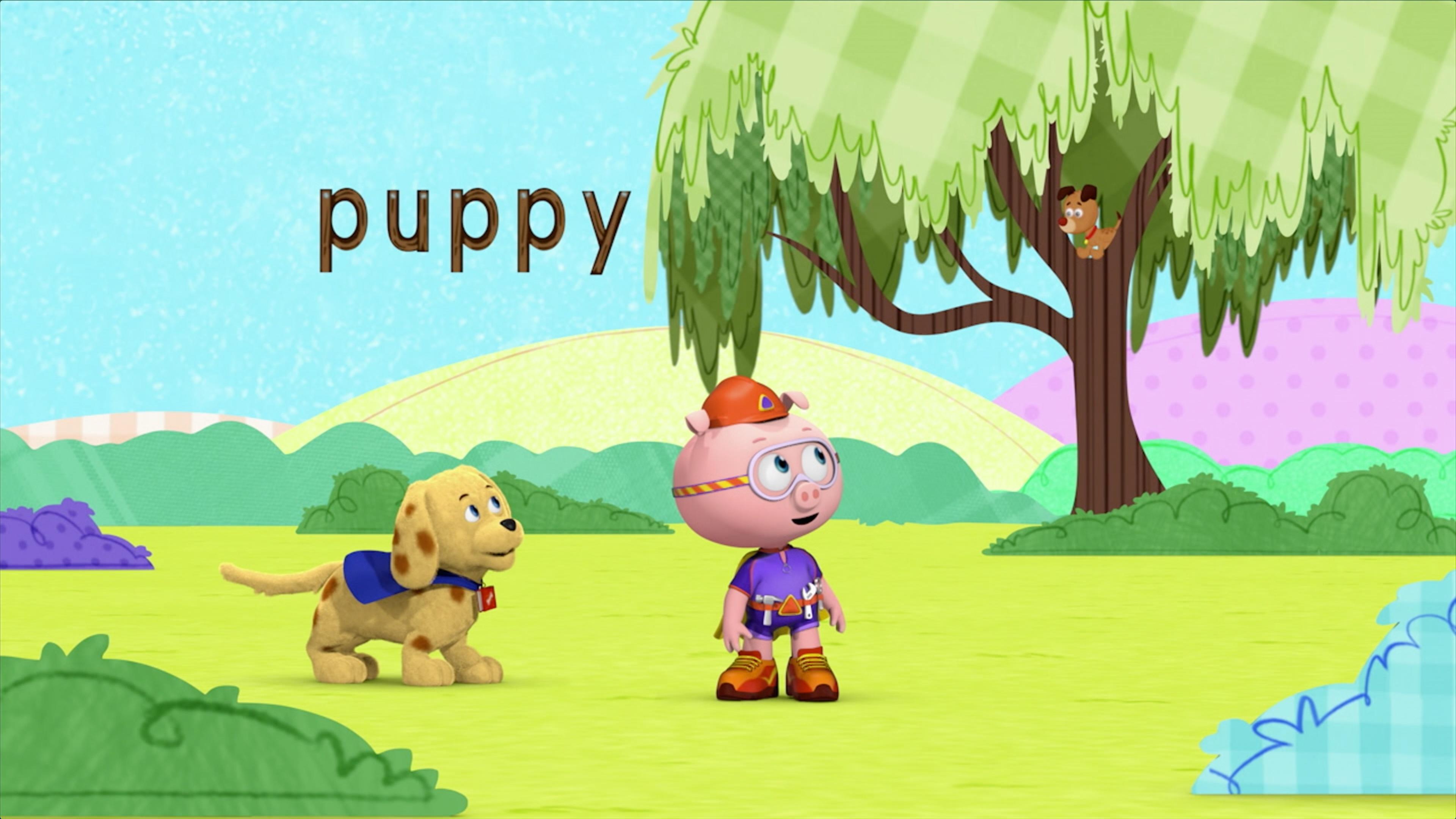 Pig helps the Super Readers find the missing puppy by spelling the word "puppy".