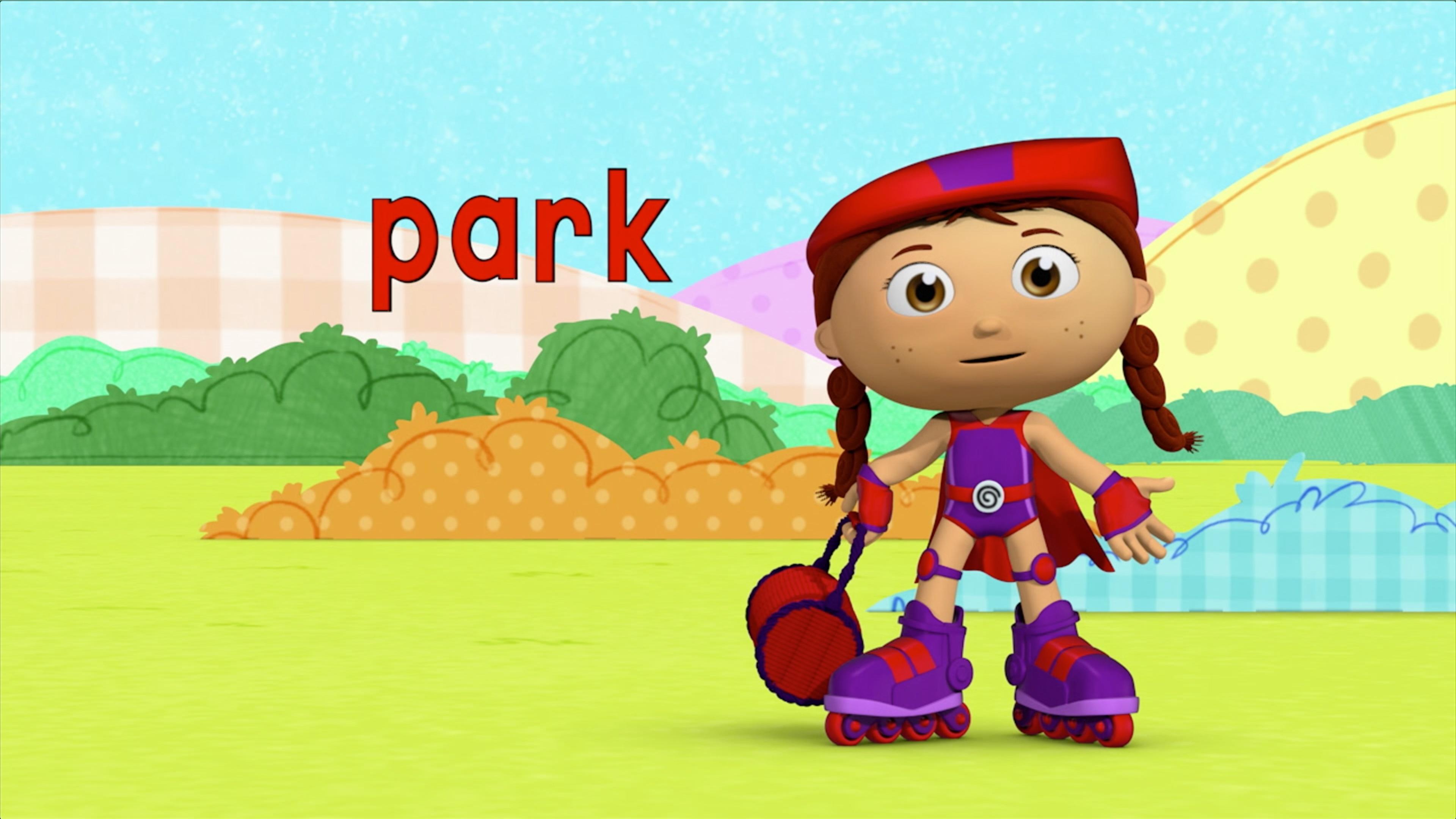 In an effort to cheer up Checkers, Wonder Red uses her rhyming power to make a park.