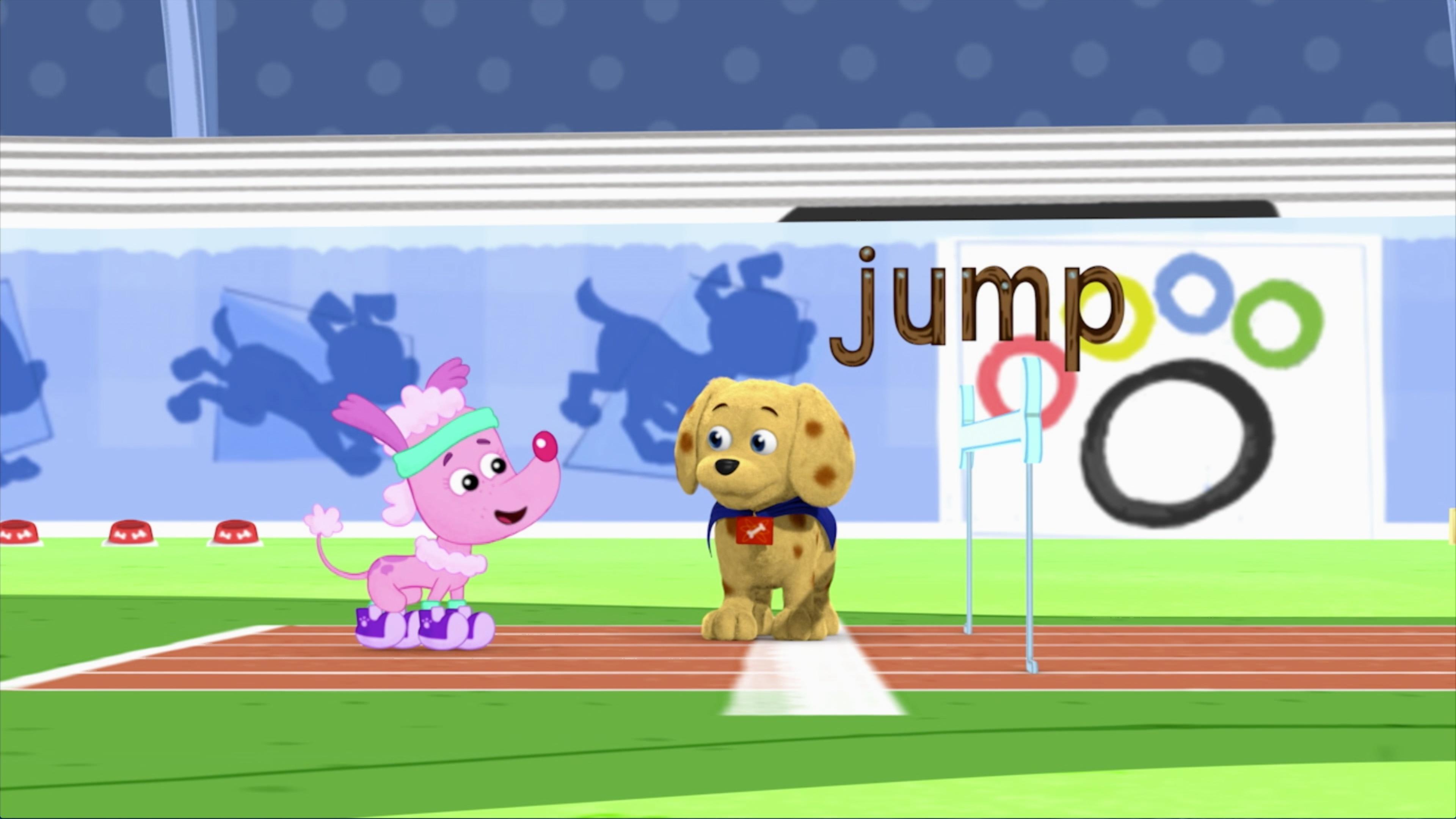 Alpha Pig spells "jump" to help Serena jump over the hurdles in the race.